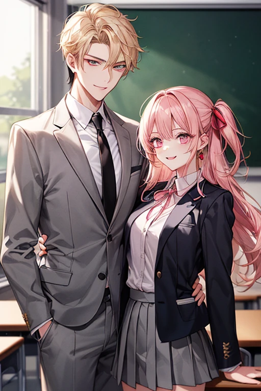 1male people(Student uniform、Black tie、The jacket is a gray jacket, White shirt, Gray trousers、One ear only, one earring,、a blond、Golden Eyes、a smile、tall、a handsome、refreshing)、1female(long pink hair、Pink eyes、Short、Best style、white  shirt、Red Ribbon、Student uniform、Grey pleated mini skirt)、(((a couple、Flirting)))、a smile、‎Classroom、Height difference