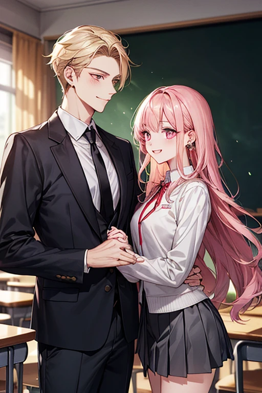 1male people(Student uniform、Black tie、The jacket is a gray jacket, White shirt, Gray trousers、One ear only, one earring,、a blond、Golden Eyes、a smile、tall、a handsome、refreshing)、1female(long pink hair、Pink eyes、Short、Beautiful breasts、white shirt、Red Ribbon、Student uniform、Black pleated mini skirt)、(((a couple、Flirting)))、a smile、Classroom、Height difference