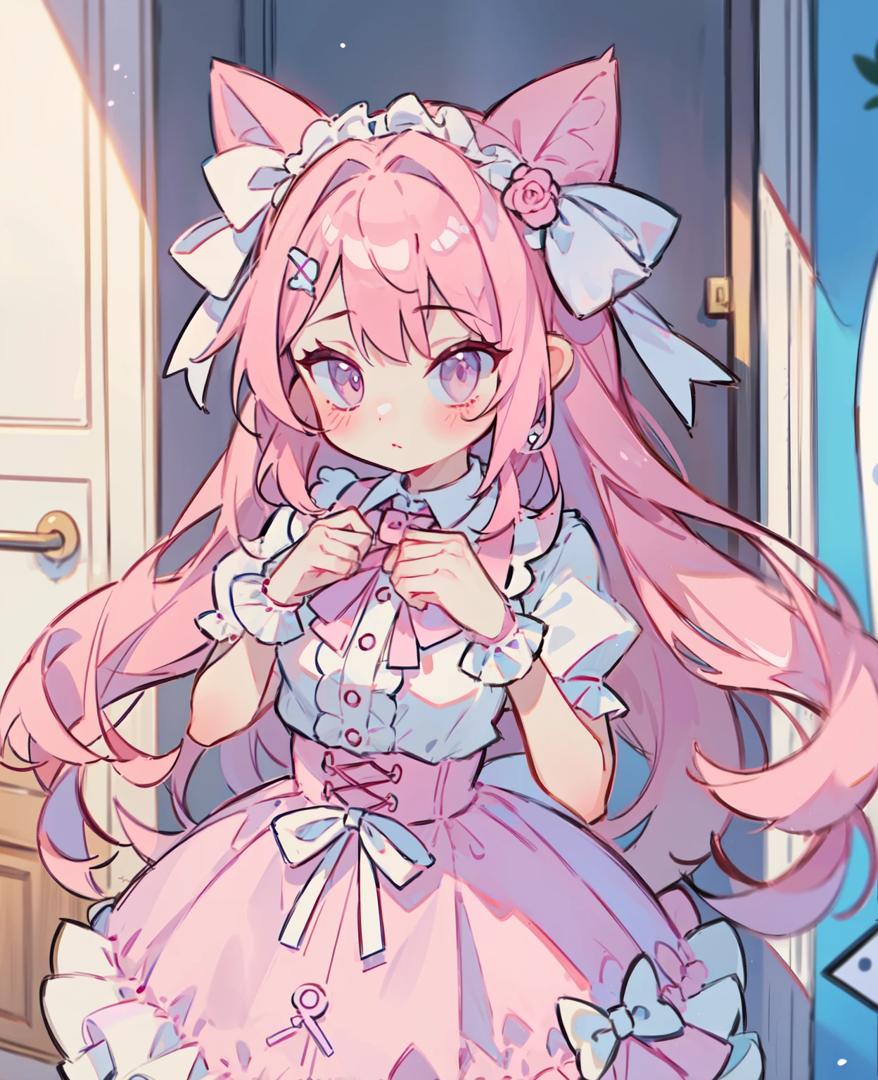 1 girl in, pink hair, Long double tail, pink shirt, puffy collar, white full skirt, heart and your hands, White ribbon on the hair, Lots of hair accessories, Lolita prostitute