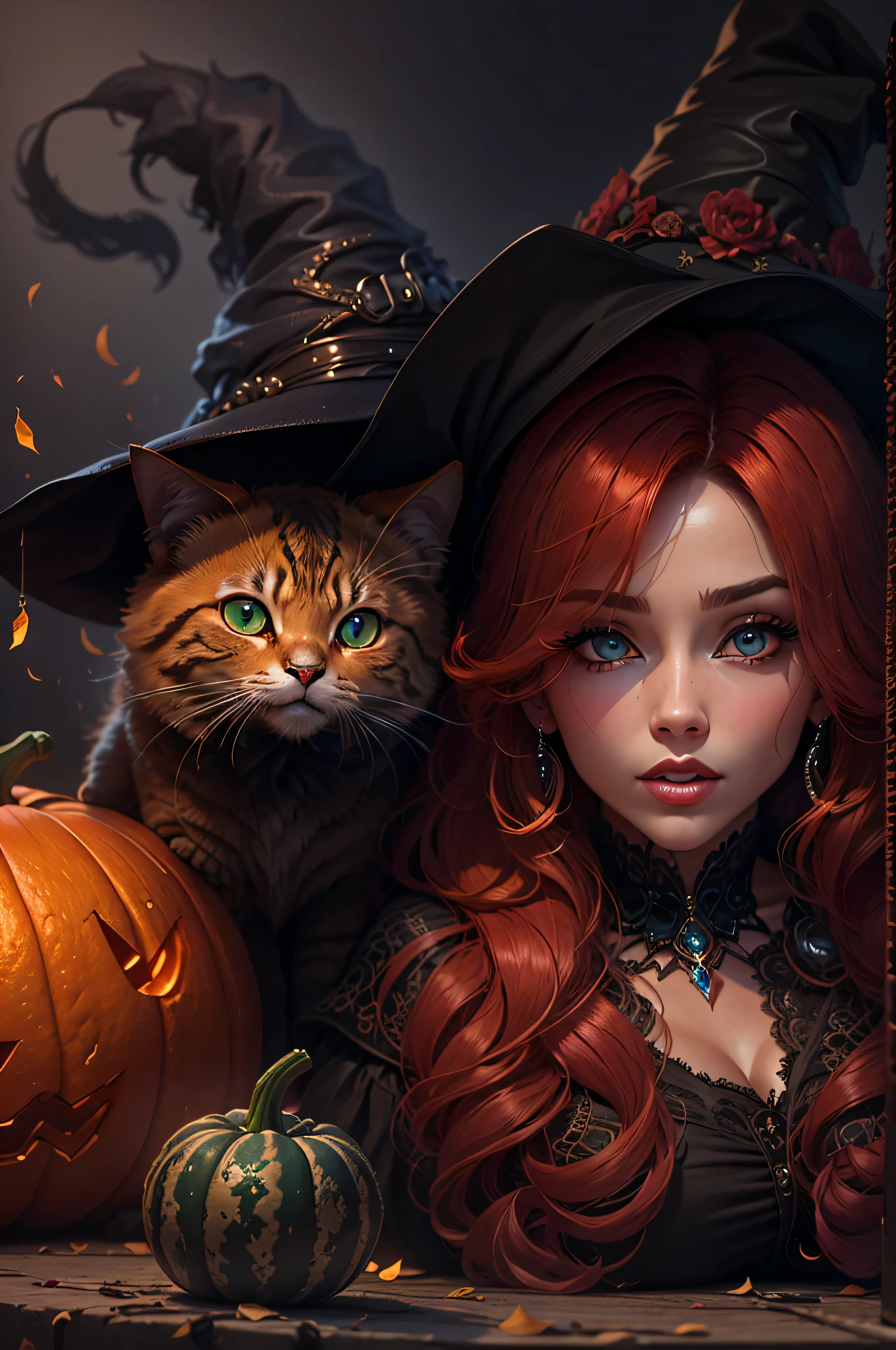 Jessica Rabbit, denoising of strength:1.32 Photorealistic, beautiful detailed dreamy eyes, detailed lips, red hair, Green eyes, perfectly detailed hands and fingers, ((Gorgeous seduces in a witch costume)), Witch's Hat, Huge breasts, Cat on the shoulder, pumpkin halloween atmosphere dark background and studio lighting, Yearbook Pose, Portrait of the character, depth of field