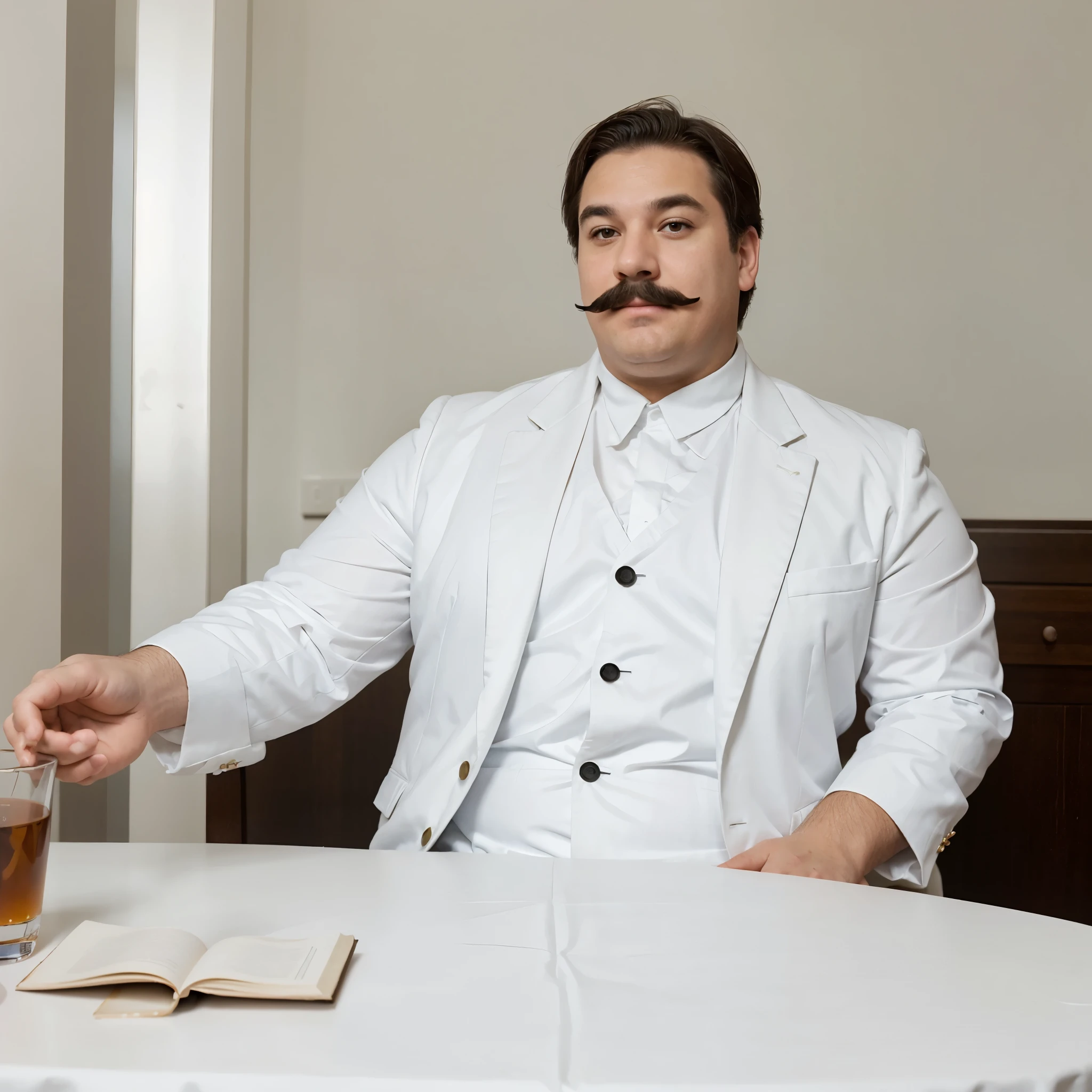 A plump man with a mustache sits at a table in a white wedding suit .