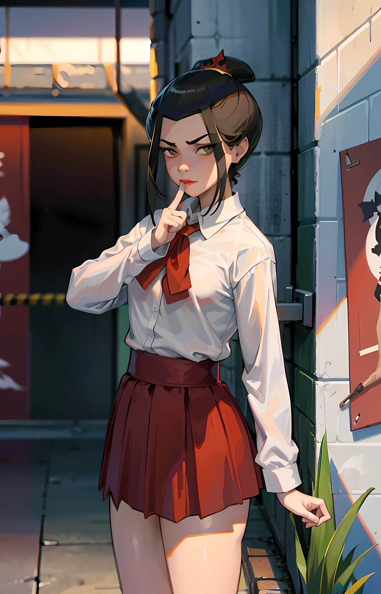 tmasterpiece, beste-Qualit, 独奏, 1girl, Azula, closed mouth, smirk, makeup, décolleté, (white  shirt, mini skirt, panty), wide thighs, ass, stands, Legs apart, pomade, looks at the viewer, Teaching, Erotica, gyaru, Schoolgirl slut, spermatozoa on the legs, sperm on face,