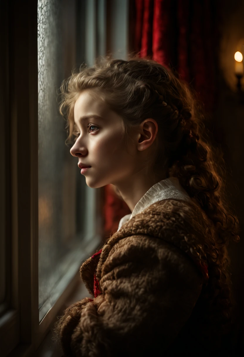 Extremely realistic photo of  a sad girl with her back to the viewer looking out of a window on Christmas day  , portraiture style , layered textures , elegantly formal (Rembrandt Lighting), zeiss lens, ultra realistic, (high detailed skin:1.2), 8k uhd, dslr, Dramatic Rim light, high quality, Fujifilm XT3 HDRI