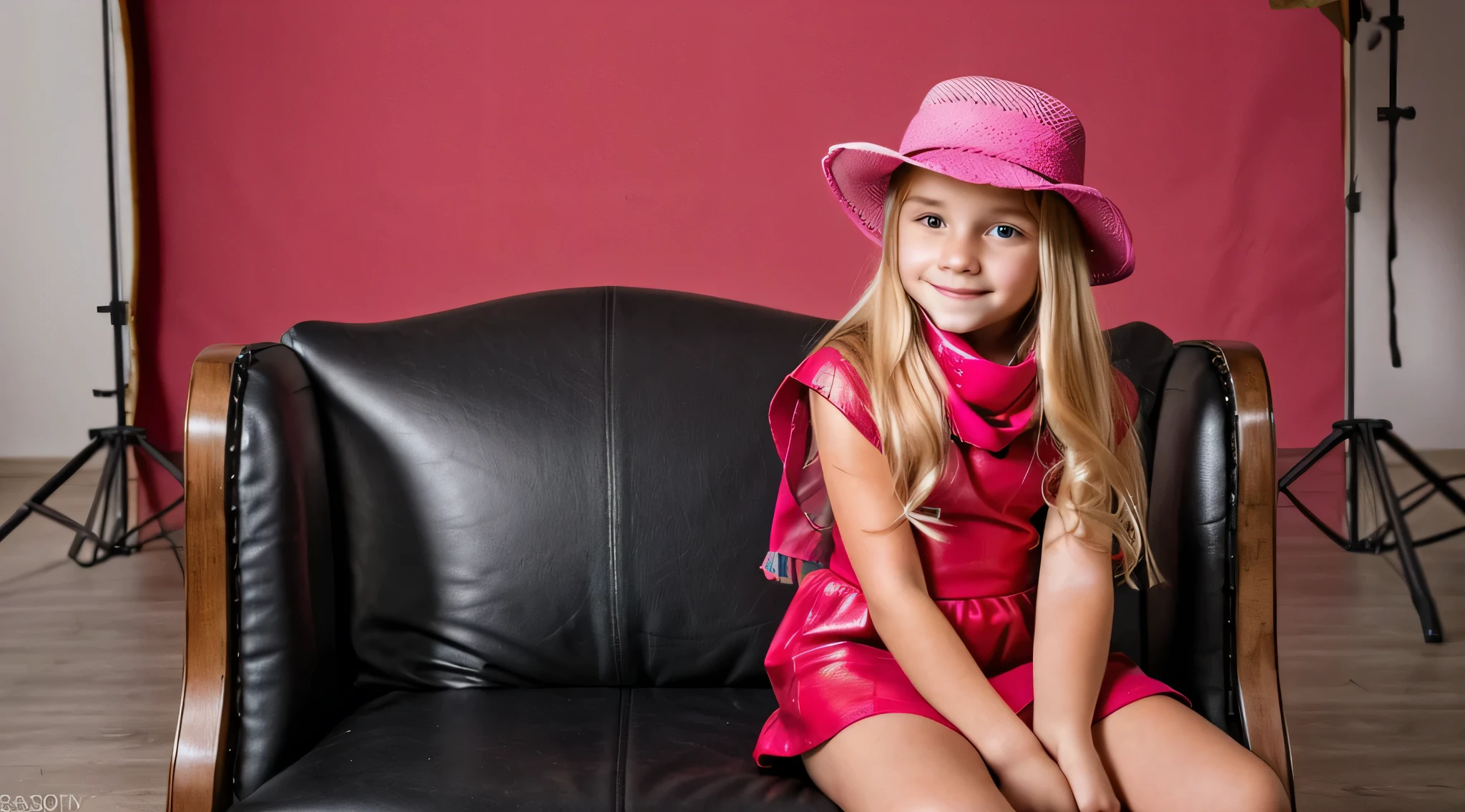 BLONDE CHILD girl,wearing a pink hat and scarf sitting on a black leather chair, photo from a promotional session, promotional photoshoot, young girl, beautiful young model, pink cowboy hat, young teenager, photo shoot, photoshoot, inspired by Toros Roslin, red dress and hat, modeling essay, young and beautiful girl, studio portrait photography,  photoshoot solo --auto --s2