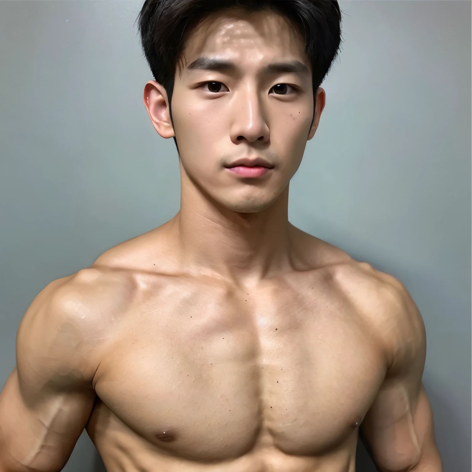 A handsome Korean man with a muscular body, thin face, single-layered face, cool, exposed lower body, and a beautiful penis, measuring 25 cm and having an erection and producing sperm.