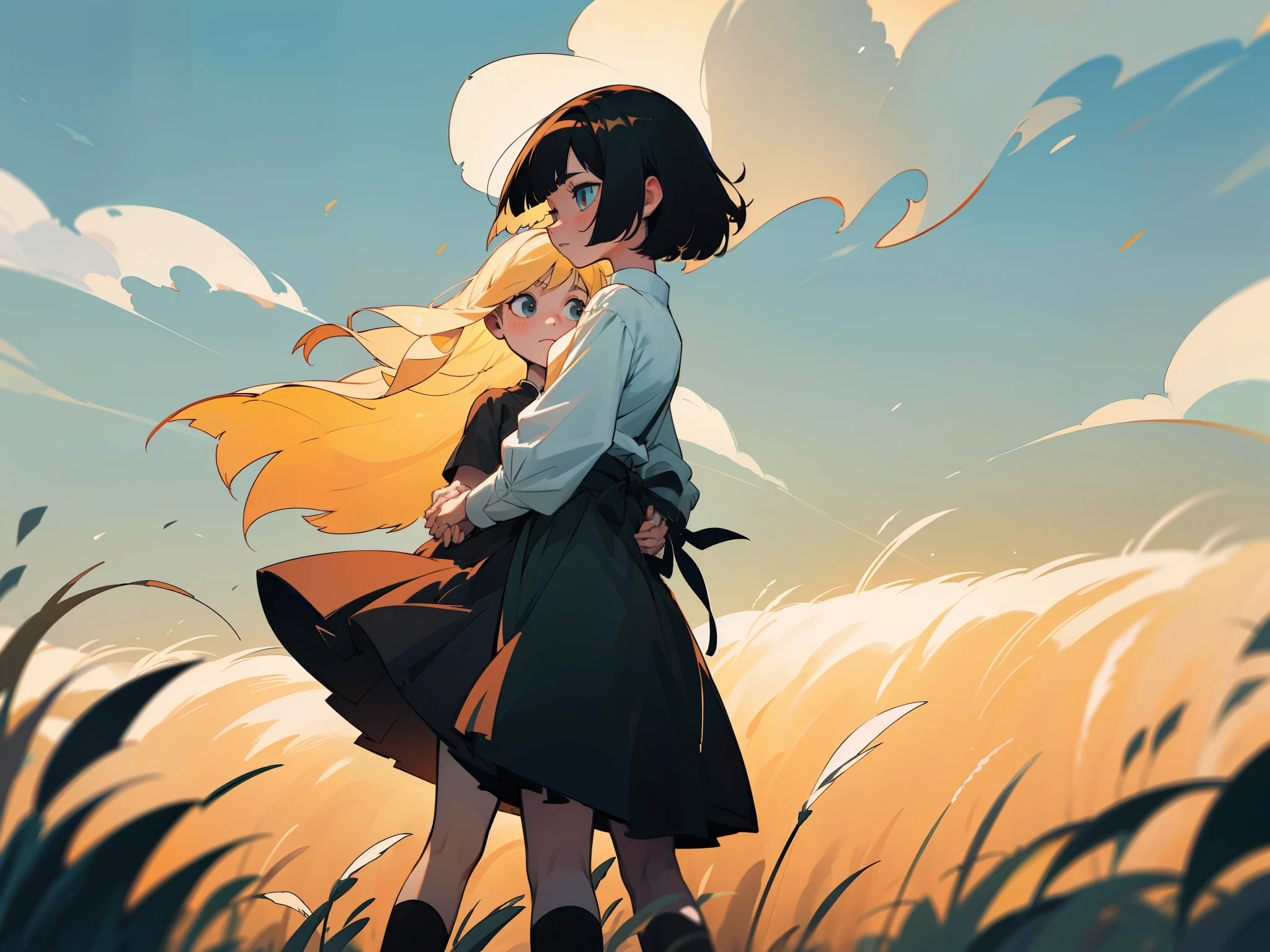 A woman with short black bob hair and a woman with long blonde hair are standing close together, facing each other.、holding each other&#39;s hands together、White shirt with ribbon、grass field、The wind is blowing、Contre-Jour