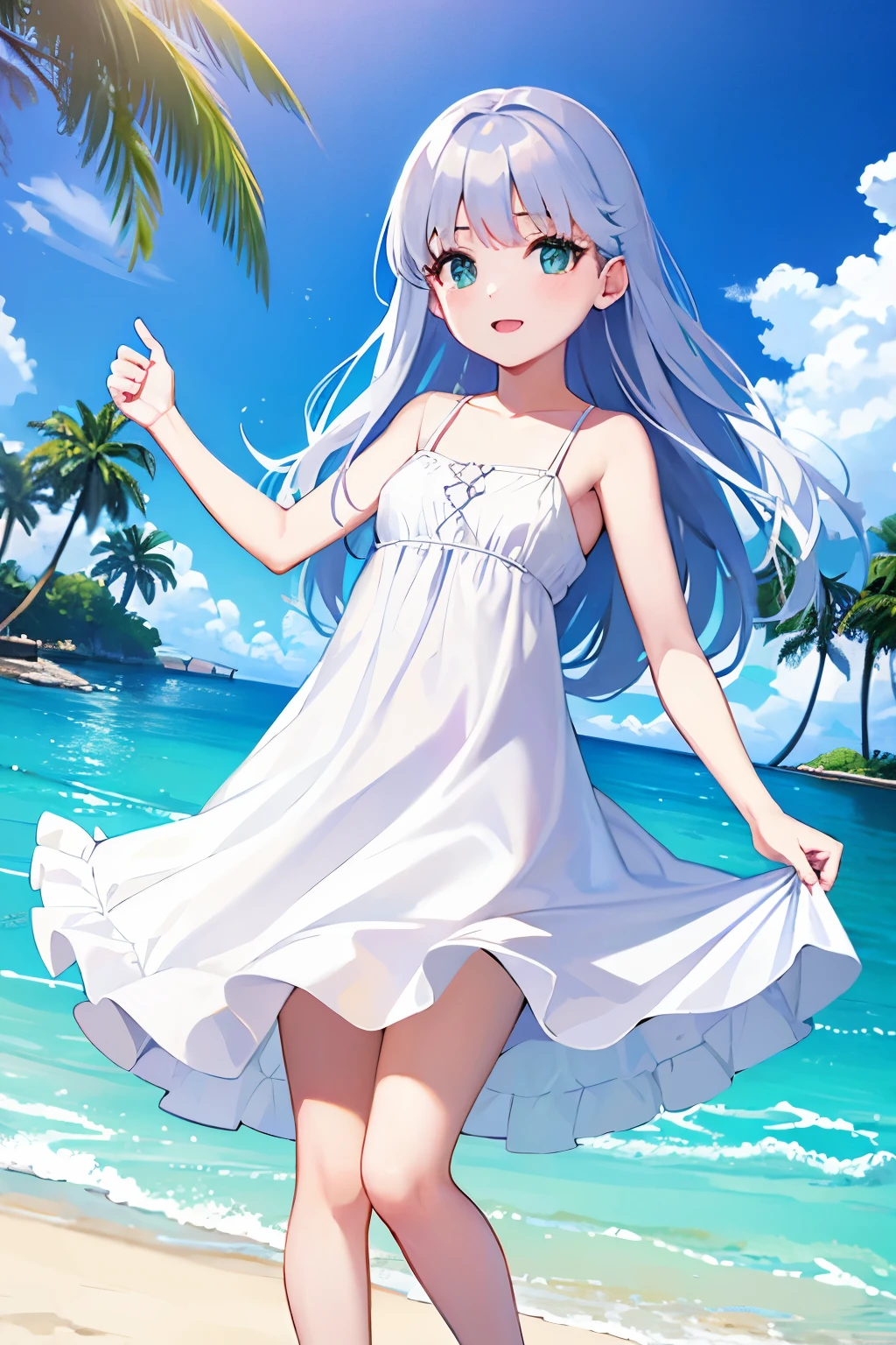 Cabello largo plateado, ojos verdes, sundress, white clothes, petite, sonrisa, neckline, abdomen lindo, muslos hermosos, white underwear, beach, sky blue