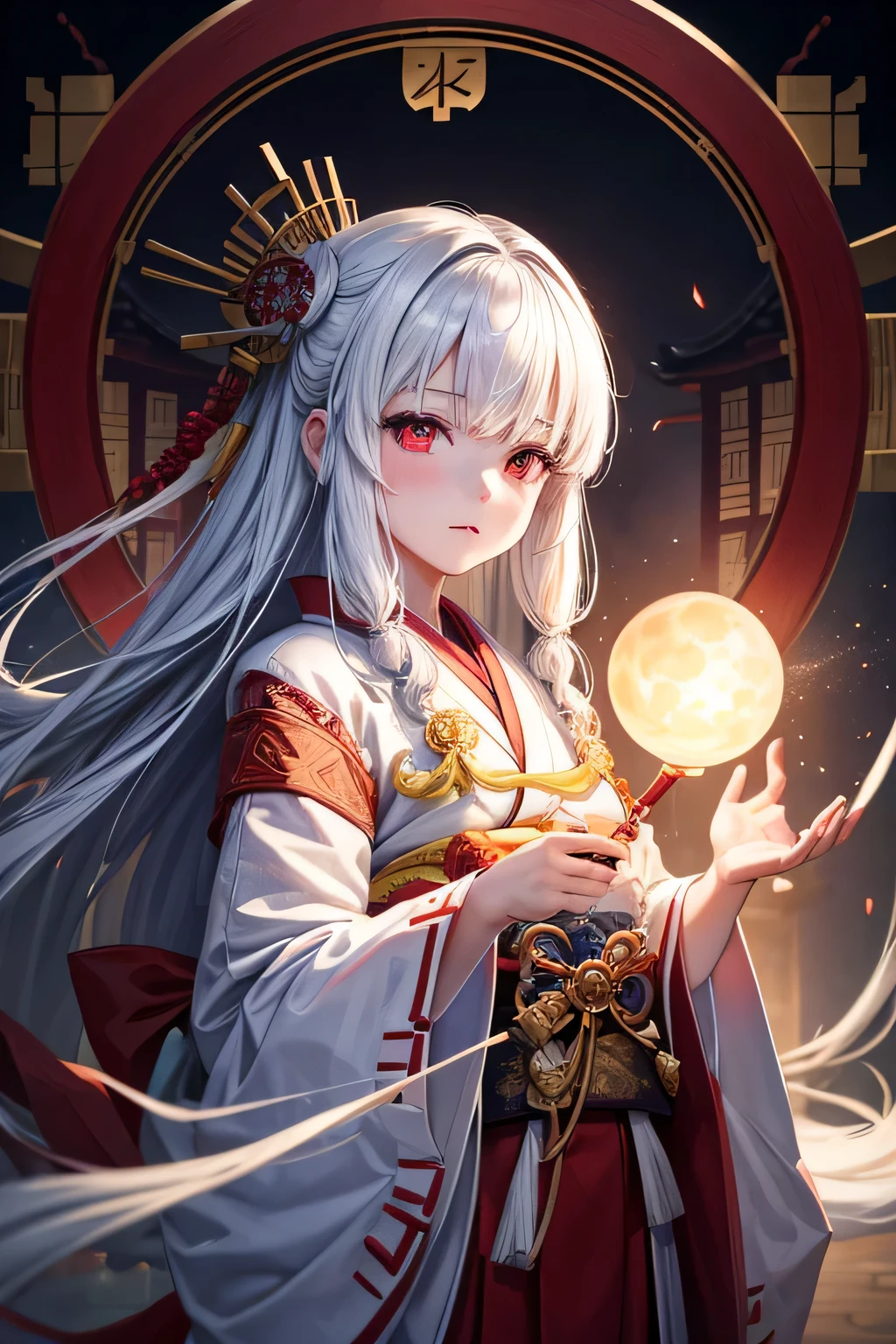 Ancient japanese shrine priestess, Cute Girl, Kimono, Long White Hair, Ruby Red Eyes, Princess, Kaguya, Full Moon, Haori, loli, wielding a priestess staff, summoning spirits, nighttime, highly detailed, vibrant appearance, creative behavior, extremly detailed, imaginative, , spontaneous, highest quality, skin texture, intricate details, (cinematic lighting), RAW photo, 8k, masterpiece,best quality,ultra-detailed,very detailed illustrations,extremely detailed,intricate details,highres,super complex details,extremely detailed 8k cg wallpaper,
