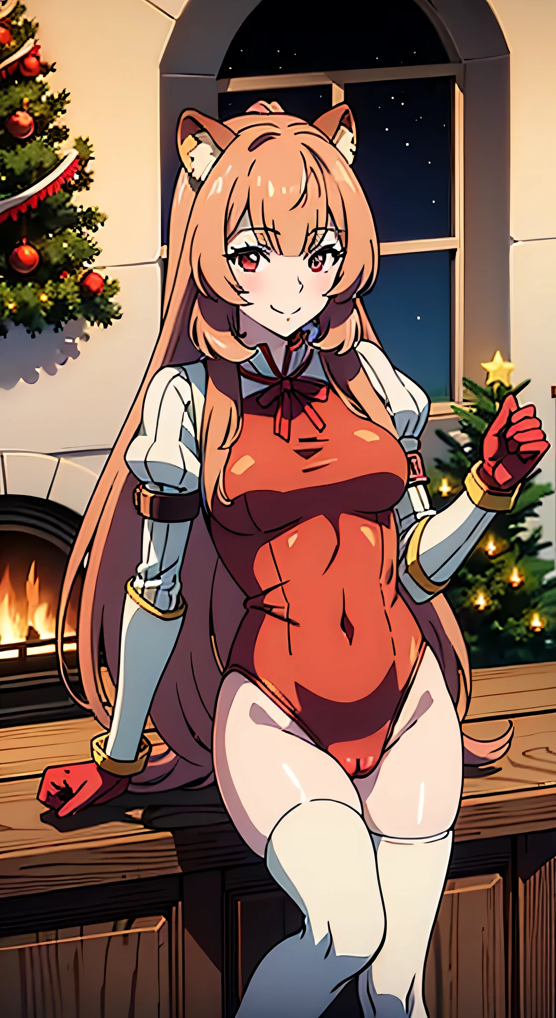 ((masterpiece)),((best quality)),((high detail)), ((super detailed)), Improve image quality, UHD, UHD anime girl, warm colors, fine details, drawing, very sharp image, award-winning, UHD, 1girl, solo, anatomically correct, ((Raphtalia from anime The Rising Of The Shield Hero)), cowboy shot, very beautiful girl, very , NSFW,16K, beautiful face, delicate figure, beautiful and detailed red eyes, two eyelids, professionally drawn anime eyes, animal ears, very long hair, girl looking at viewer, smile, sexy pose, seductive pose, legs slightly open, (camel toe), winter's magic, dressed with a sexy Christmas clothing, wearing a red see-through leotard, wearing Christmas hat, Christmas theme, Christmas tree, Christmas lights, Christmas decoration, snow, fireplace.