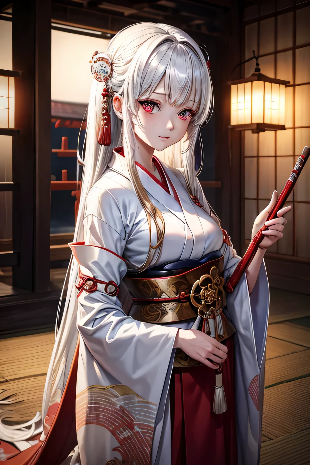 Ancient japanese shrine priestess, Cute Girl, Kimono, Long White Hair, Ruby Red Eyes, Princess, Kaguya, Full Moon, Haori, loli, wielding a priestess staff, summoning spirits and ghosts around her, nighttime, highly detailed, vibrant appearance, creative behavior, extremly detailed, imaginative, , spontaneous, highest quality, skin texture, intricate details, (cinematic lighting), RAW photo, 8k, masterpiece,best quality,ultra-detailed,very detailed illustrations,extremely detailed,intricate details,highres,super complex details,extremely detailed 8k cg wallpaper,