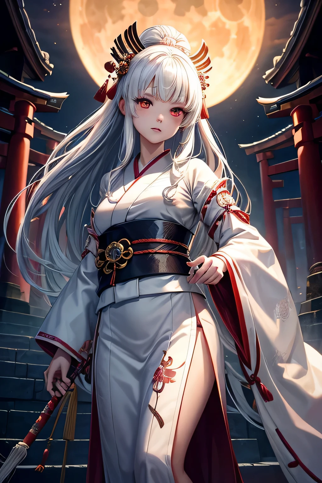 Ancient japanese shrine priestess, Cute Girl, Kimono, Long White Hair, Ruby Red Eyes, Princess, Kaguya, Full Moon, Haori, loli, wielding a priestess staff, summoning spirits and ghosts around her, nighttime, highly detailed, vibrant appearance, creative behavior, extremly detailed, imaginative, , spontaneous, highest quality, skin texture, intricate details, (cinematic lighting), RAW photo, 8k, masterpiece,best quality,ultra-detailed,very detailed illustrations,extremely detailed,intricate details,highres,super complex details,extremely detailed 8k cg wallpaper,