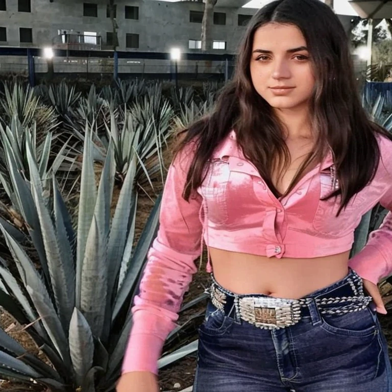 Mujer arafed con camisa rosa y jeans parada frente a un campo de agave azul, Violeta Myers, her belly button is exposed, She is about , Llevar un sexy top recortado, she is about 1 6 years old, Sut 16 years old, Uso de ar un crop top