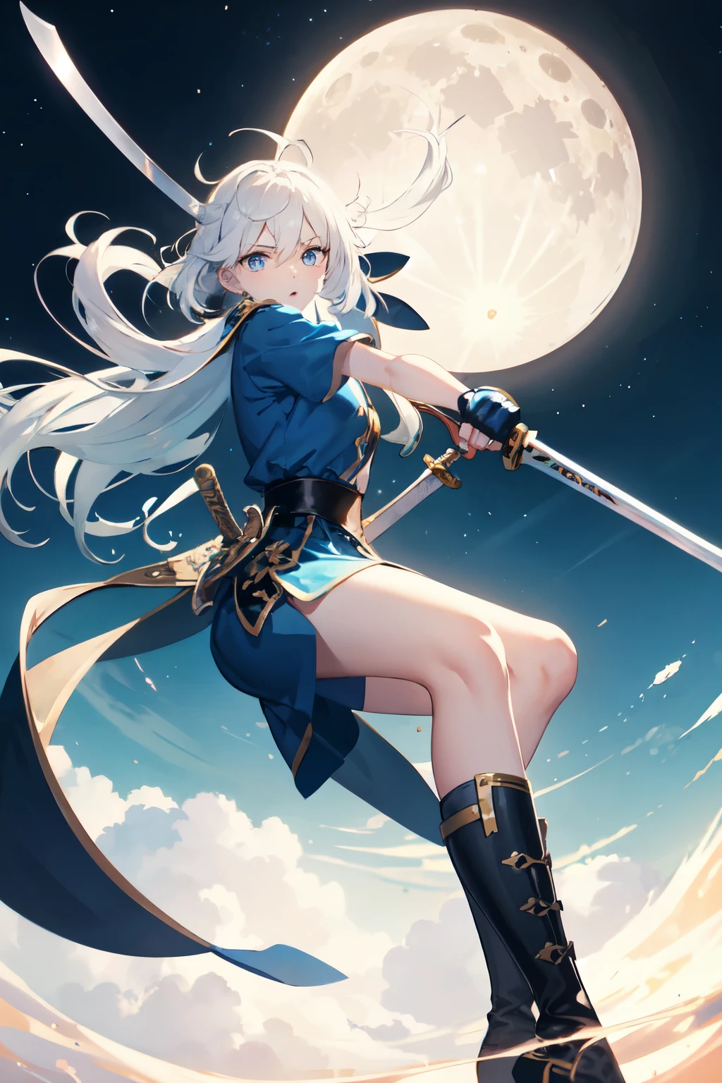 masterpiece, ultra detailed, 8k portrait, RAW photo, portrait photography, highly detailed face, beautiful and meticulous eyes, dark blue hair, long hair, blue eyes, white hair ribbon, green military uniform, green pleats mini skirt, white chest armor, white tights, half boots, spread legs, standing, (equip a beam sword:1.5), by the old castle, in mid night, from below