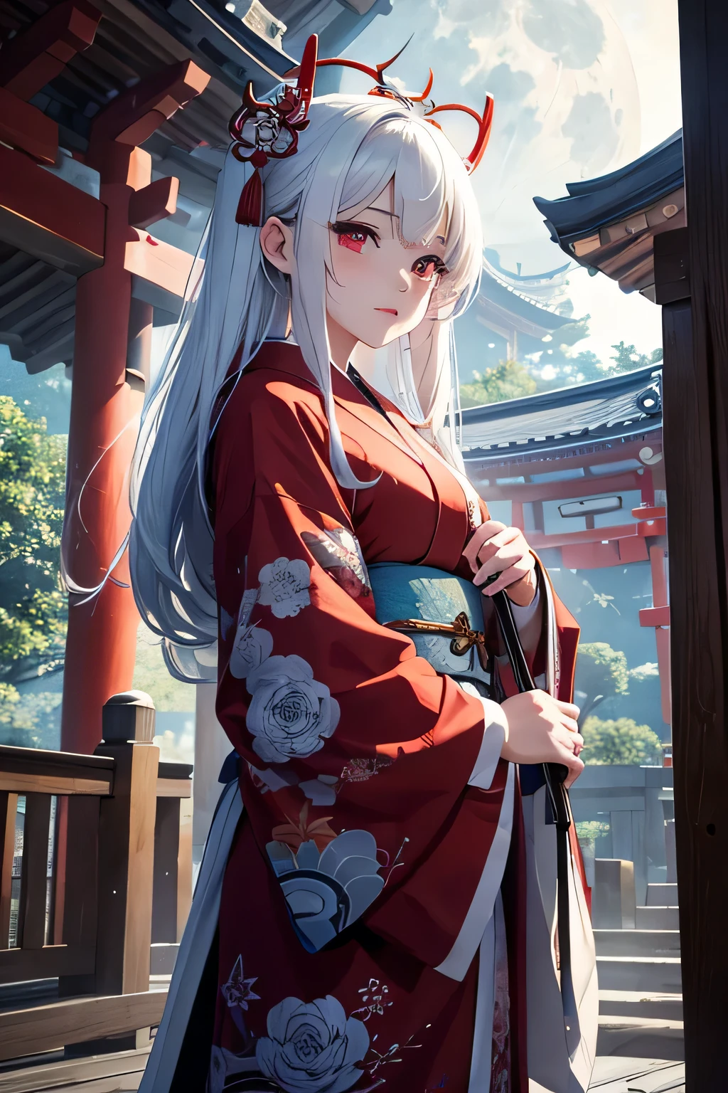 Ancient japanese shrine priestess, Cute Girl, Kimono, Long White Hair, Ruby Red Eyes, Princess, Kaguya, Full Moon, Haori, loli, wielding a priestess staff, summoning spirits and ghosts around her, nighttime, highly detailed, vibrant appearance, creative behavior, extremly detailed, imaginative, , spontaneous, highest quality, skin texture, intricate details, (cinematic lighting), RAW photo, 8k, masterpiece,best quality,ultra-detailed,very detailed illustrations,extremely detailed,intricate details,highres,super complex details,extremely detailed 8k cg wallpaper,