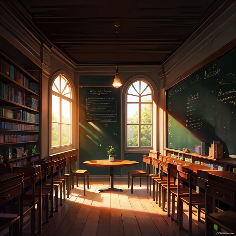 Uma sala de aula em uma escola aconchegante, where natural light gently flows through large windows decorated with colorful curtains. The walls are adorned with student work, exibindo uma mistura vibrante de arte e projetos educacionais. Cartazes motivacionais e mapas coloridos decoram o ambiente, proporcionando uma atmosfera estimulante.
Tables and chairs are arranged in an organized manner, with comfortable and colorful chairs that invite students to sit down. No centro da sala, there is a large round table surrounded by chairs, indicating a collaborative space for group discussions. A soft, colorful rug covers part of the floor, proporcionando um ambiente acolhedor para atividades em grupo ou leitura compartilhada.
The wall opposite the blackboard displays a bookshelf full of books., from literary classics to educational works. next to the blackboard, a white and colored board highlights the day's important information, while around it there are shelves organized with teaching materials and resources to enrich learning.
The classroom is complemented by potted plants, bringing a touch of nature to the space. Uma atmosfera calorosa e convidativa permeia o ambiente, encouraging learning and collaboration among students, making every day an enjoyable and memorable educational experience.