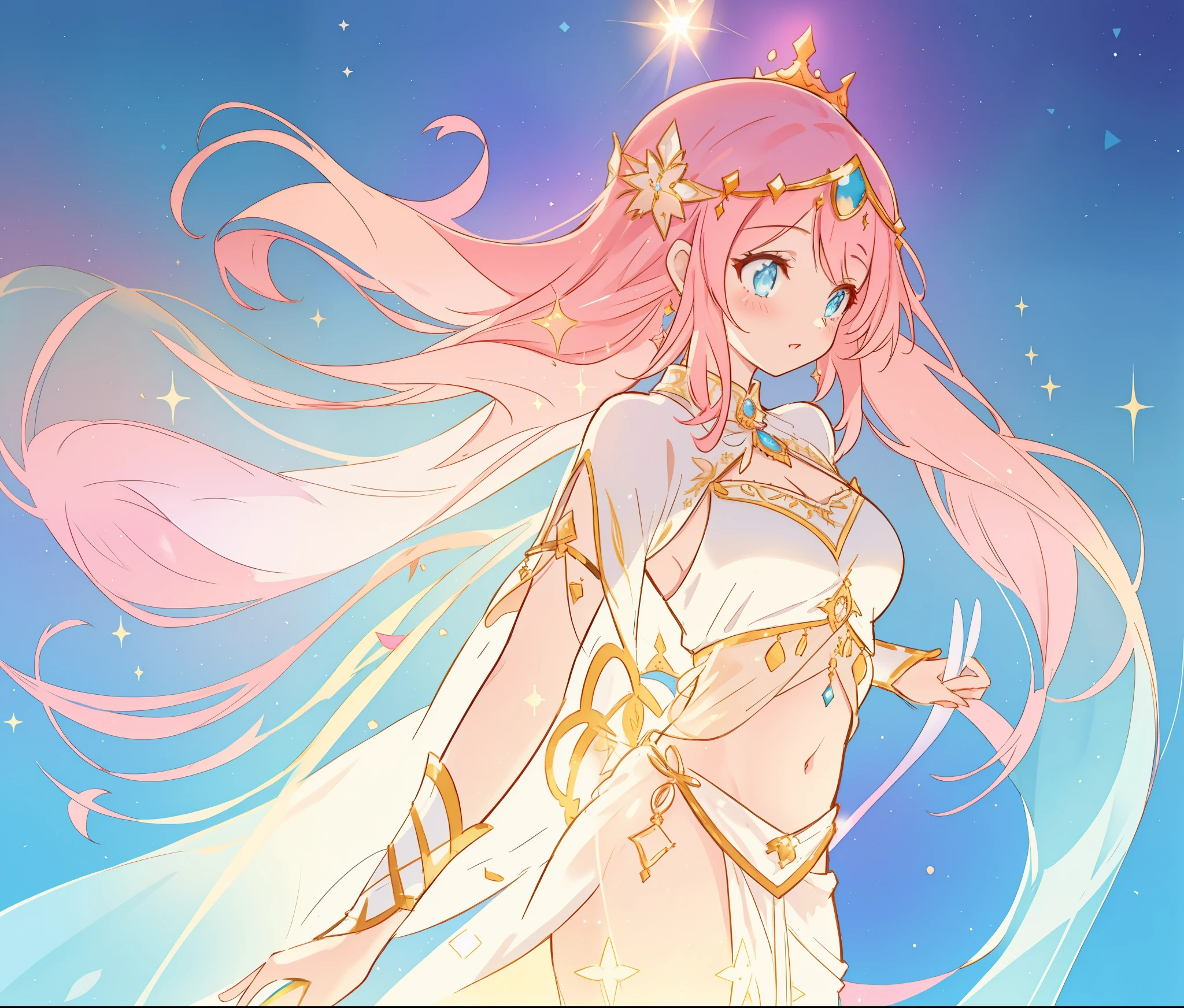 beautiful girl in white arabian two-piece dress, (arabian princess), (arabian dancer), (fantasy arabian dress), long colorful sparkling pink hair, watercolor illustration, Lois van Baarle, glowing aura around her, Glen Keane, jen bartel, glowing hair, beautiful digital illustration, fantasia background, beautiful, masterpiece, best quality, anime disney style, (detailed eyes), golden ratio, perfect composition