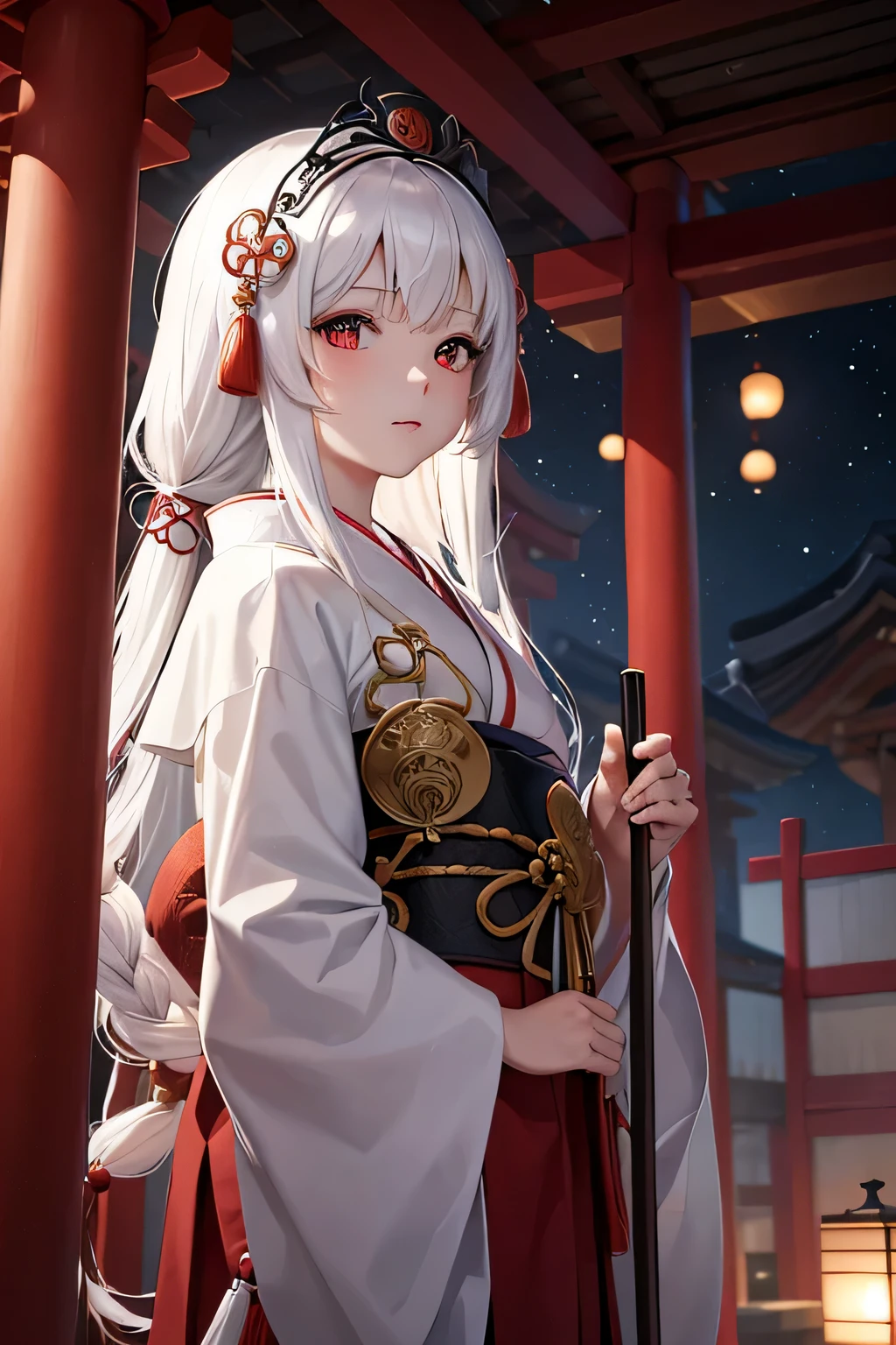 Ancient japanese shrine priestess, Cute Girl, Kimono, Long White Hair, Ruby Red Eyes, Princess, Kaguya, Full Moon, Haori, loli, wielding a priestess staff, summoning spirits and ghosts around her, nighttime, highly detailed, vibrant appearance, creative behavior, extremly detailed, imaginative, , spontaneous, highest quality, skin texture, intricate details, (cinematic lighting), RAW photo, 8k, masterpiece,best quality,ultra-detailed,very detailed illustrations,extremely detailed,intricate details,highres,super complex details,extremely detailed 8k cg wallpaper,