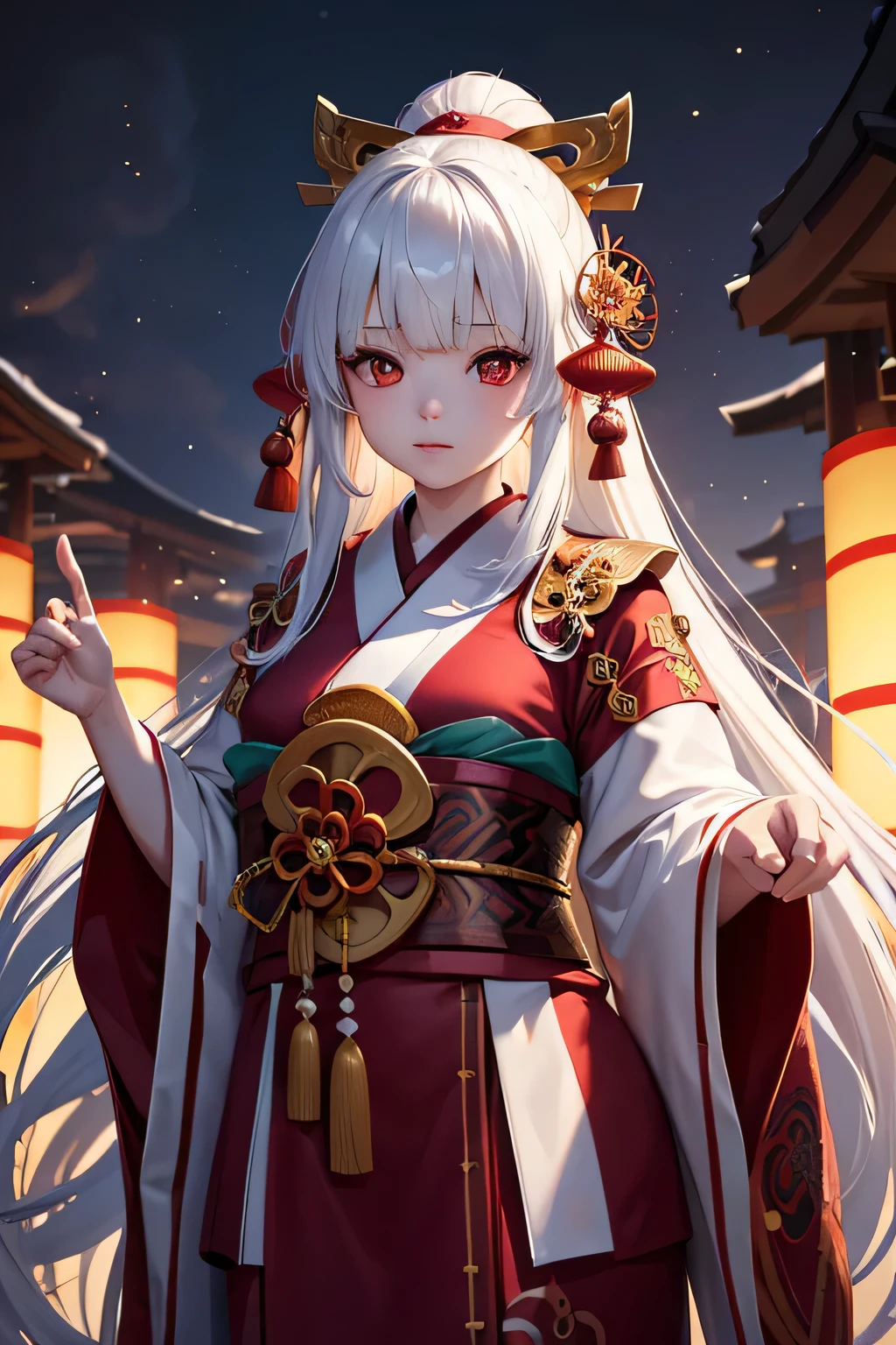 Ancient japanese shrine priestess, Cute Girl, Kimono, Long White Hair, Ruby Red Eyes, Princess, Kaguya, Full Moon, Haori, , wielding a priestess staff, summoning spirits and ghosts around her, nighttime, highly detailed, vibrant appearance, creative behavior, extremly detailed, imaginative, , spontaneous, highest quality, skin texture, intricate details, (cinematic lighting), RAW photo, 8k, masterpiece,best quality,ultra-detailed,very detailed illustrations,extremely detailed,intricate details,highres,super complex details,extremely detailed 8k cg wallpaper,