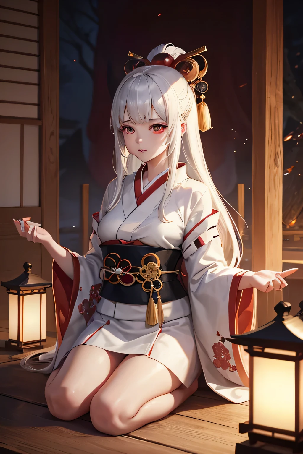 Ancient japanese shrine priestess, Cute Girl, Kimono, Long White Hair, Ruby Red Eyes, Princess, Kaguya, Full Moon, Haori, ****, wielding a priestess staff, summoning spirits and ghosts, Ghosts and spirits flying around her, nighttime, highly detailed, vibrant appearance, creative behavior, extremly detailed, imaginative, , spontaneous, highest quality, skin texture, intricate details, (cinematic lighting), RAW photo, 8k, masterpiece,best quality,ultra-detailed,very detailed illustrations,extremely detailed,intricate details,highres,super complex details,extremely detailed 8k cg wallpaper,