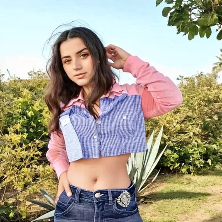 Mujer arafed con camisa rosa y jeans parada frente a un campo de agave azul, Violeta Myers, her belly button is exposed, She is about , Llevar un sexy top recortado, she is about 1 6 years old,ut 16 years old, Uso de cr un crop top