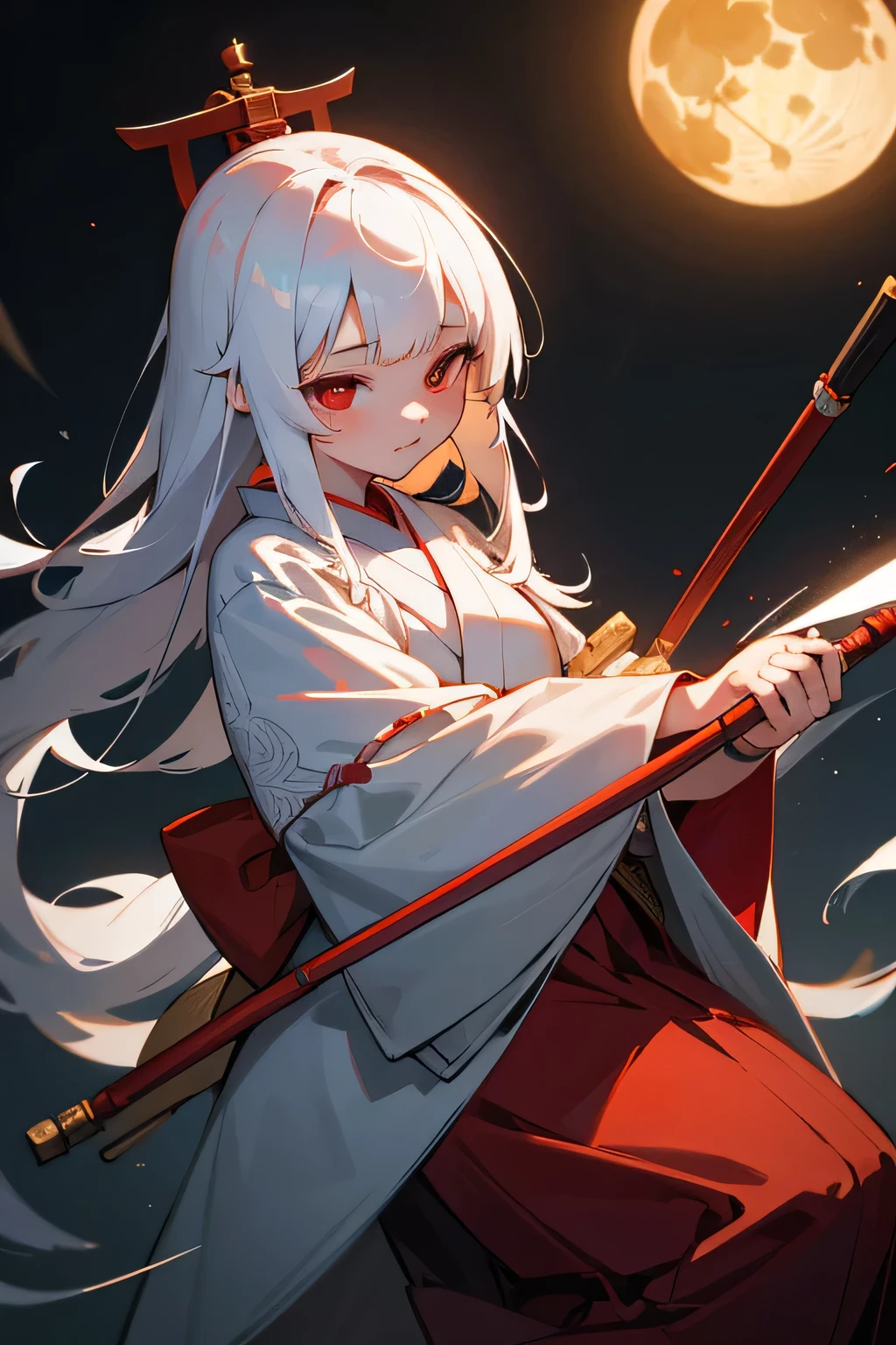 Ancient japanese shrine priestess, Cute Girl, Kimono, Long White Hair, Ruby Red Eyes, Princess, Kaguya, Full Moon, Haori, loli, wielding a priestess staff, summoning spirits and ghosts, Ghosts and spirits flying around her, nighttime, highly detailed, vibrant appearance, creative behavior, extremly detailed, imaginative, , spontaneous, highest quality, skin texture, intricate details, (cinematic lighting), RAW photo, 8k, masterpiece,best quality,ultra-detailed,very detailed illustrations,extremely detailed,intricate details,highres,super complex details,extremely detailed 8k cg wallpaper,