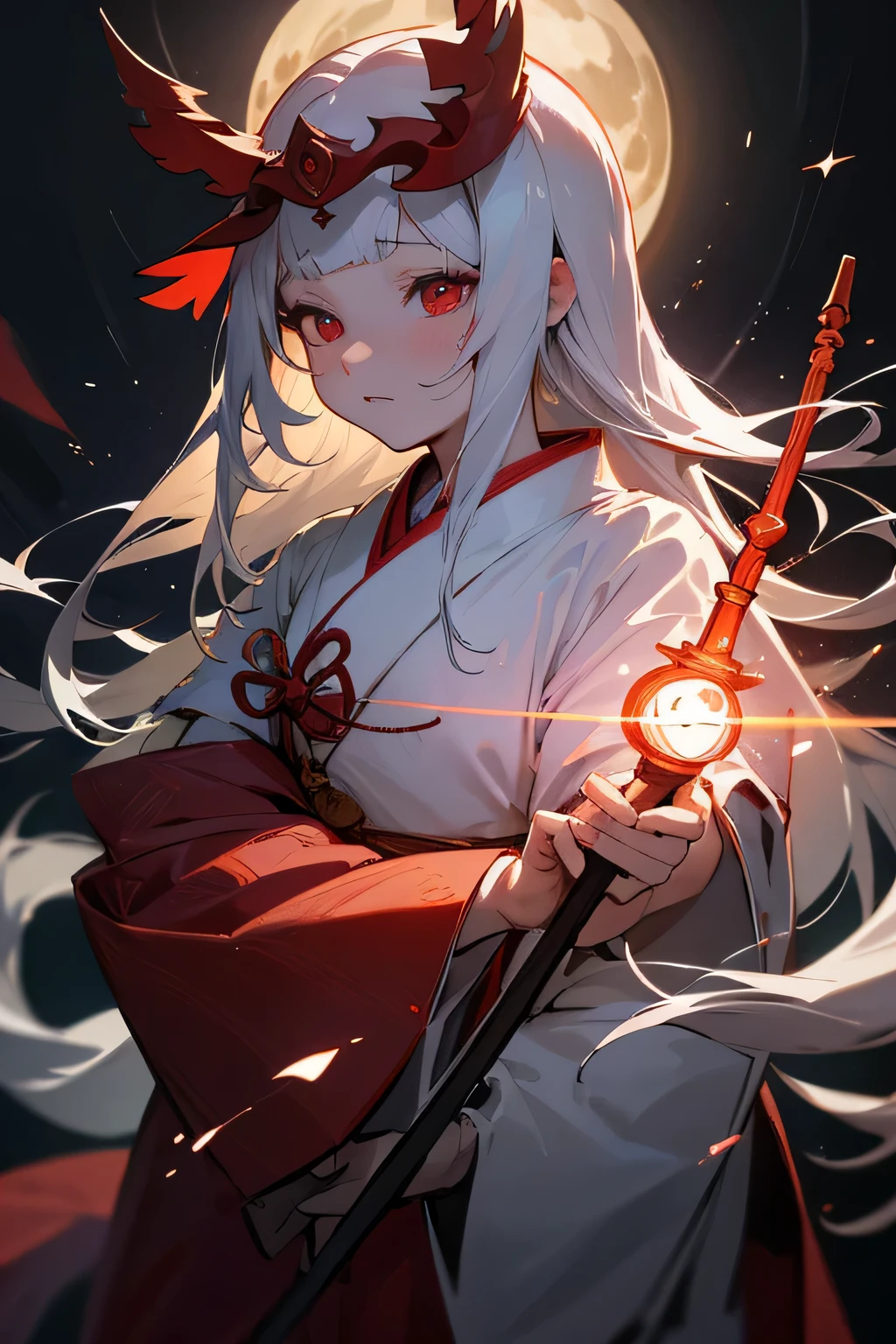 Ancient japanese shrine priestess, Cute Girl, Kimono, Long White Hair, Ruby Red Eyes, Princess, Kaguya, Full Moon, Haori, loli, wielding a priestess staff, summoning spirits and ghosts, Ghosts and spirits flying around her, nighttime, highly detailed, vibrant appearance, creative behavior, extremly detailed, imaginative, , spontaneous, highest quality, skin texture, intricate details, (cinematic lighting), RAW photo, 8k, masterpiece,best quality,ultra-detailed,very detailed illustrations,extremely detailed,intricate details,highres,super complex details,extremely detailed 8k cg wallpaper,