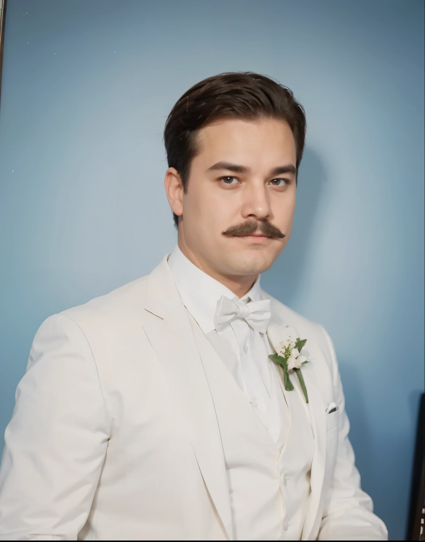 A fat man with a mustache in a white formal suit sits at the table.......