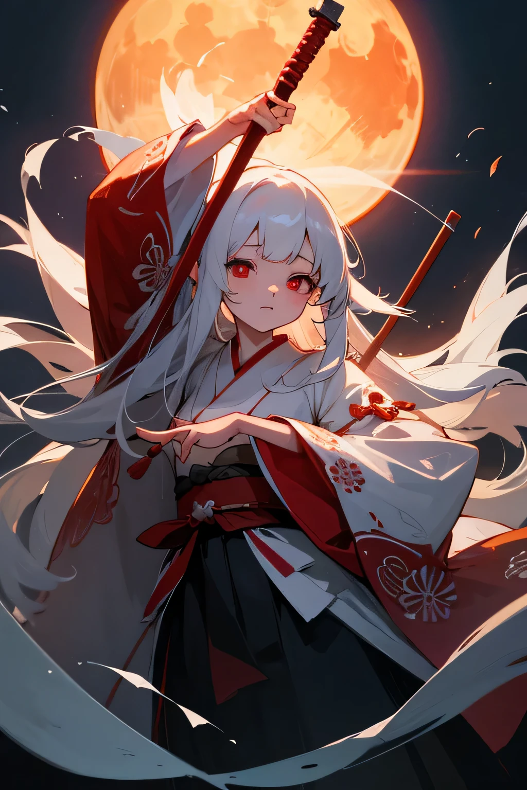 Ancient japanese shrine priestess, Cute Girl, Kimono, Long White Hair, Ruby Red Eyes, Princess, Kaguya, Full Moon, Haori, loli, wielding a priestess staff, summoning spirits and ghosts, Ghosts and spirits flying around her, nighttime, highly detailed, vibrant appearance, creative behavior, extremly detailed, imaginative, , spontaneous, highest quality, skin texture, intricate details, (cinematic lighting), RAW photo, 8k, masterpiece,best quality,ultra-detailed,very detailed illustrations,extremely detailed,intricate details,highres,super complex details,extremely detailed 8k cg wallpaper,