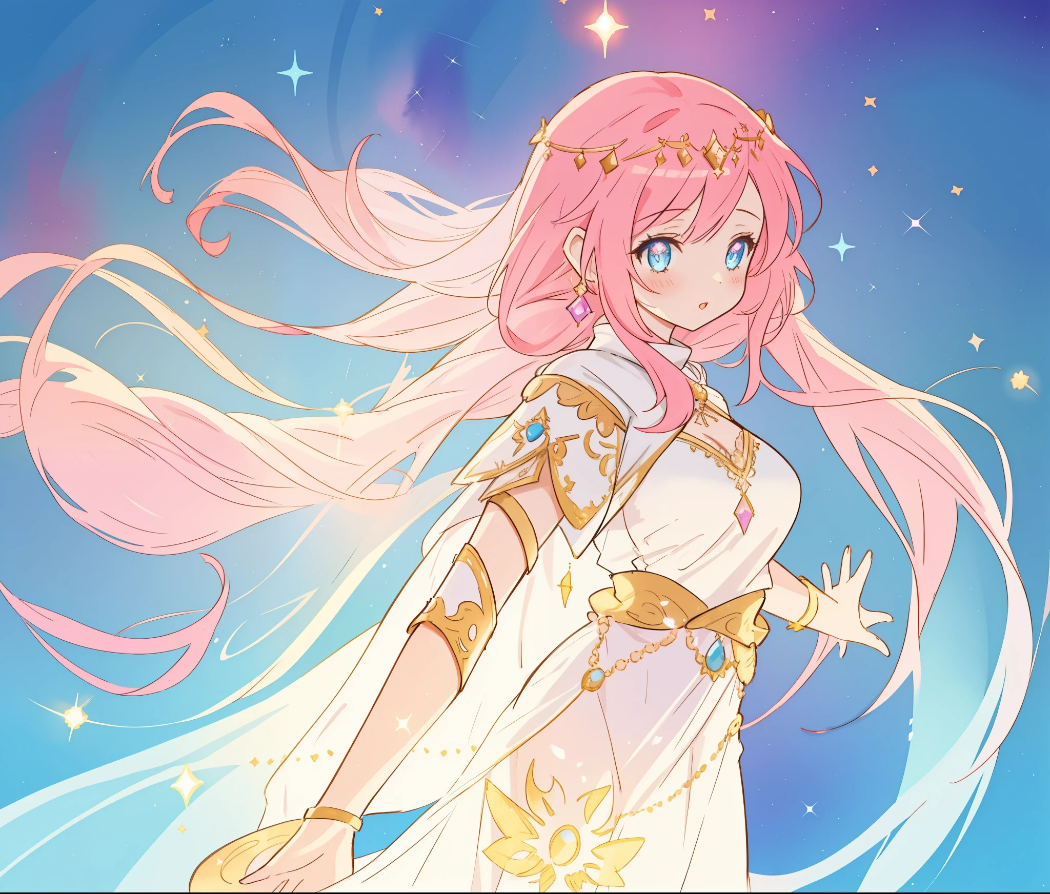 beautiful girl in white arabian two-piece dress, (arabian princess), (arabian dancer), (fantasy arabian dress), long colorful sparkling pink hair, watercolor illustration, Lois van Baarle, glowing aura around her, Glen Keane, jen bartel, glowing hair, beautiful digital illustration, fantasia background, beautiful, masterpiece, best quality, anime disney style, (detailed eyes), golden ratio, perfect composition