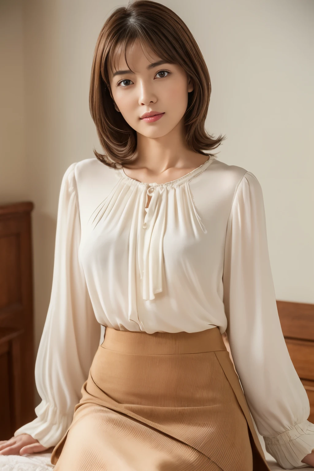 masuter piece, top-quality, masterpiece, hight resolution, Photorealsitic, Raw photography, 8k wallpaper, flawless, profetional lighting, ighly detailed, depth of fields, ((One beautiful woman)), ((20 year old woman is sexy, Bedroom, ((blouse, tight skirts,)), ((See the viewer's eyes)), Detailed face, beautidful eyes, (Sit in a good posture), bangss, small breasts of good shape, Light Brown Straight Hair, Faint lips,cowboy shot