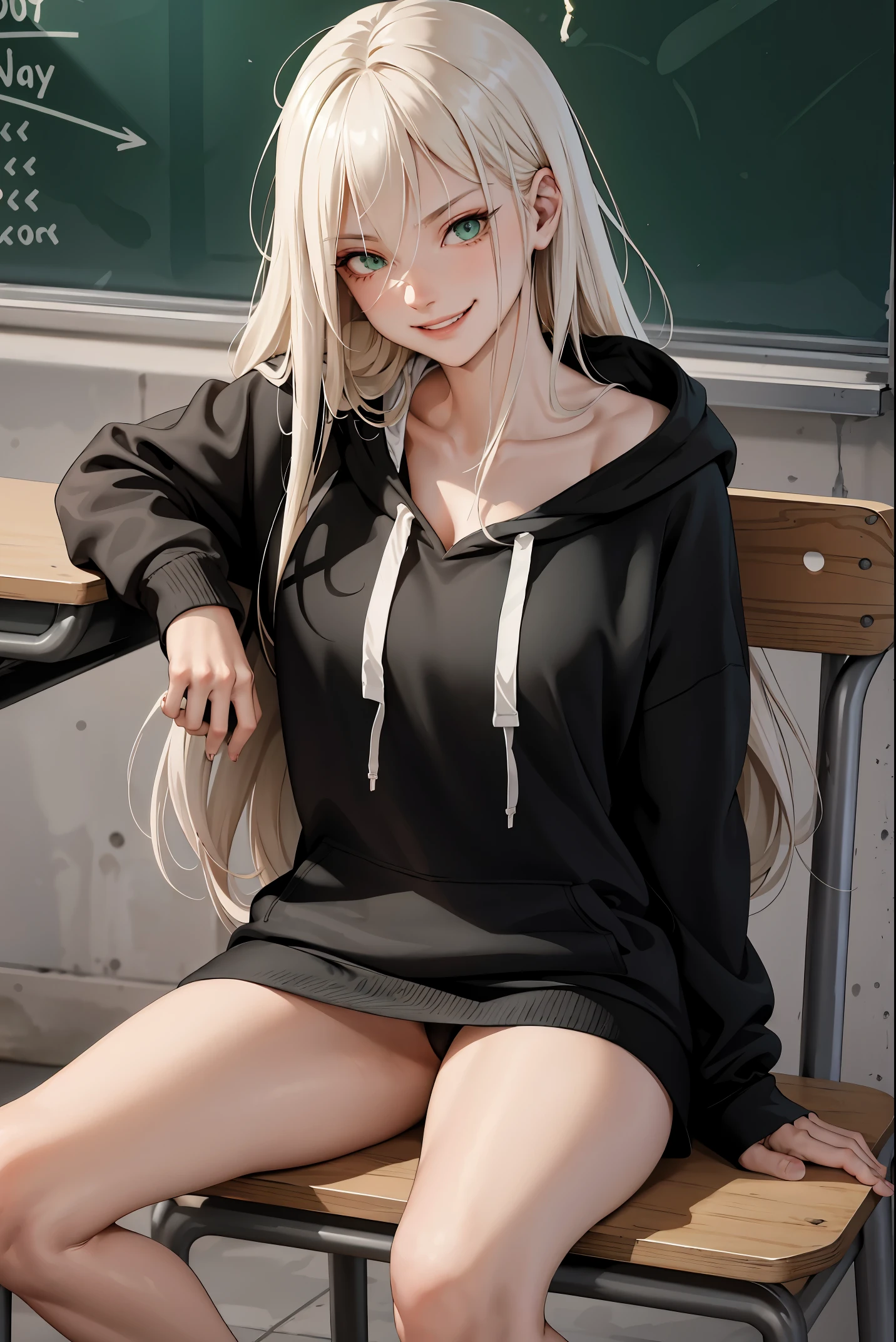 (masterpiece:1.2, best quality), (real picture, intricate details), 1lady, solo, upper body, showing legs, sitting down, school, school settings, long hair, minimal makeup, detailed face, evil smirk, evil expression, mean, really long light platinum blonde hair, bangs, hair between eyes, green eyes, big plump breasts, big ass, SFW, clothes, bare thighs, thighs, no pants, bare legs, oversized hoodie, hoodie, bare legs and hoodie, hoodie and bare legs, (school classroom), (school), (mean smile), (mean girl), (innocent pose, mean smile)