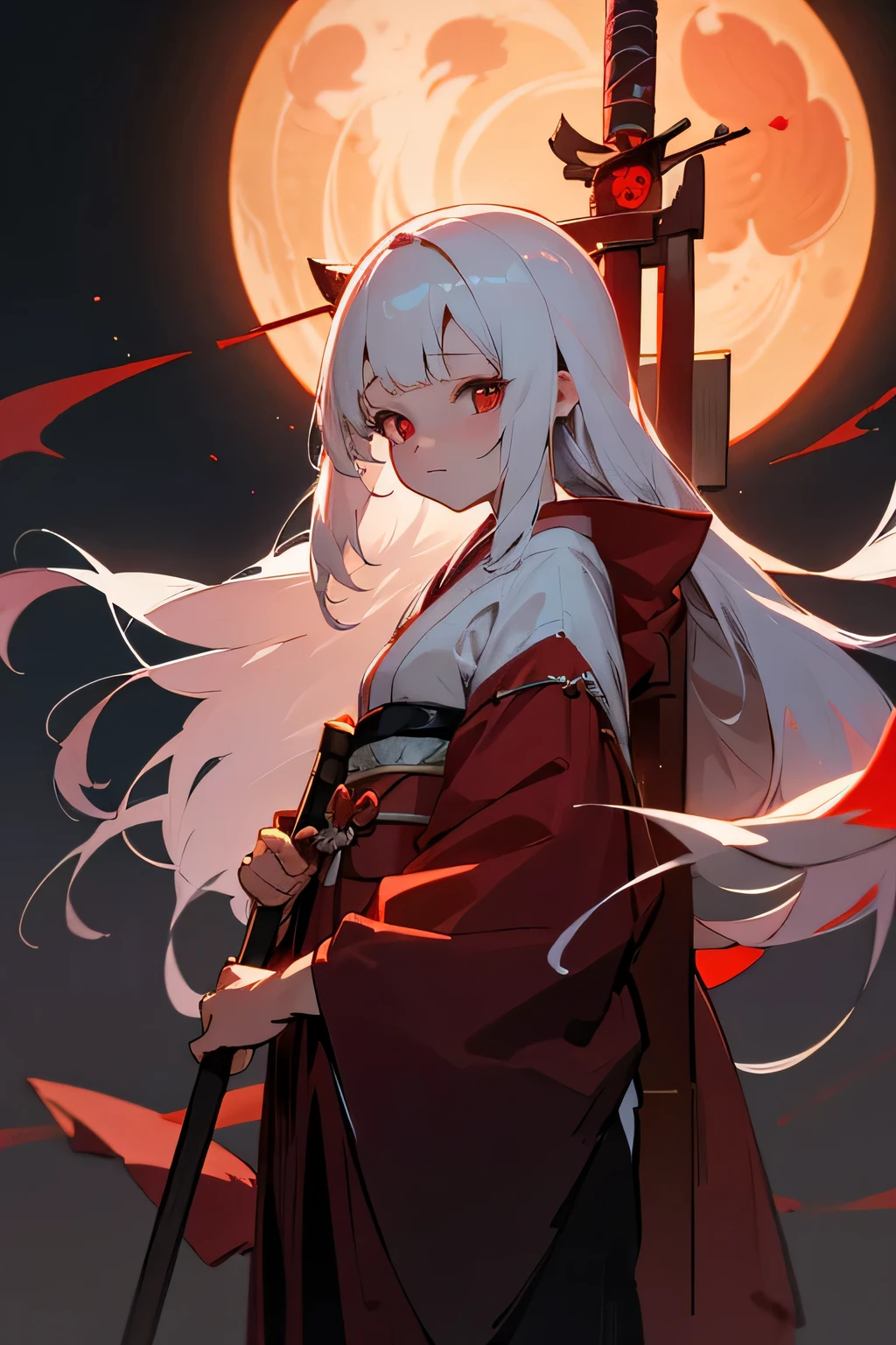 Ancient japanese shrine priestess, Cute Girl, Kimono, Long White Hair, Ruby Red Eyes, Princess, Kaguya, Full Moon, Haori, loli, wielding a priestess staff, summoning spirits and ghosts, Ghosts and spirits flying around her, nighttime, highly detailed, vibrant appearance, creative behavior, extremly detailed, imaginative, , spontaneous, highest quality, skin texture, intricate details, (cinematic lighting), RAW photo, 8k, masterpiece,best quality,ultra-detailed,very detailed illustrations,extremely detailed,intricate details,highres,super complex details,extremely detailed 8k cg wallpaper,