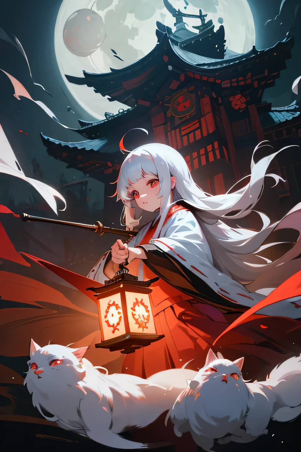 Ancient japanese shrine priestess, Cute Girl, Kimono, Long White Hair, Ruby Red Eyes, Princess, Kaguya, Full Moon, Haori, loli, wielding a priestess staff, summoning spirits and ghosts, Ghosts and spirits flying around her, nighttime, highly detailed, vibrant appearance, creative behavior, extremly detailed, imaginative, , spontaneous, highest quality, skin texture, intricate details, (cinematic lighting), RAW photo, 8k, masterpiece,best quality,ultra-detailed,very detailed illustrations,extremely detailed,intricate details,highres,super complex details,extremely detailed 8k cg wallpaper,