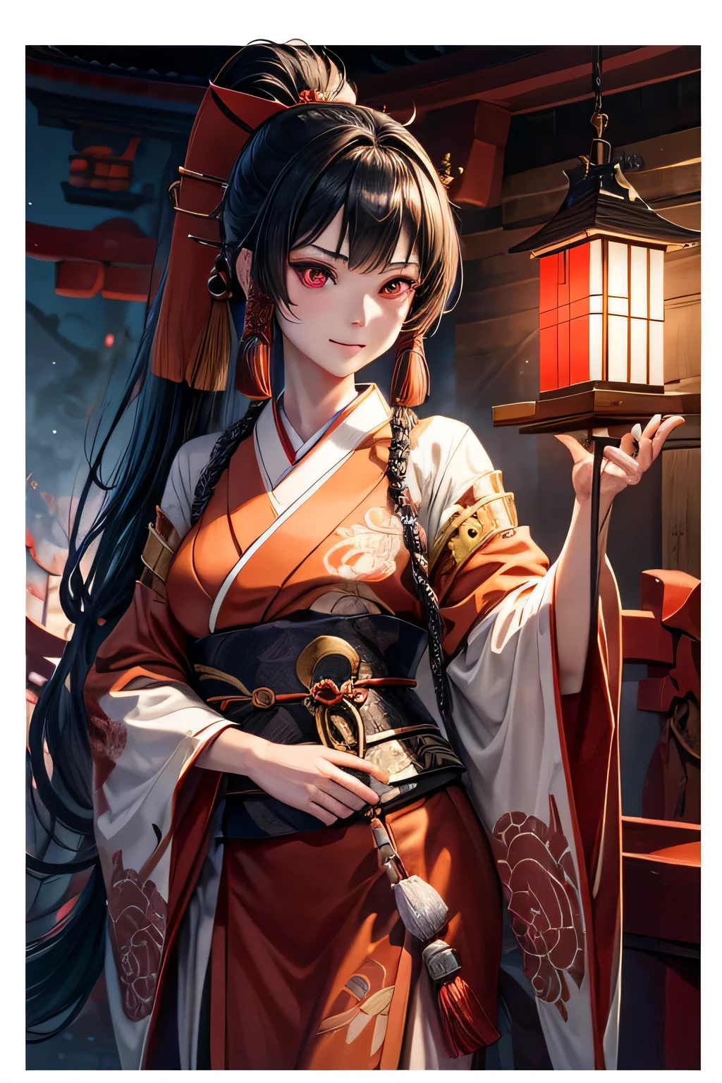Ancient japanese shrine priestess, Cute Girl, Kimono, Long Hair in ponytail, Ruby Red Eyes, Full Moon, Haori, evil smirk, , wielding a priestess staff, summoning spirits and ghosts, Ghosts and spirits flying around her, nighttime, highly detailed, vibrant appearance, creative behavior, extremly detailed, imaginative, , spontaneous, highest quality, skin texture, intricate details, (cinematic lighting), RAW photo, 8k, masterpiece,best quality,ultra-detailed,very detailed illustrations,extremely detailed,intricate details,highres,super complex details,extremely detailed 8k cg wallpaper,