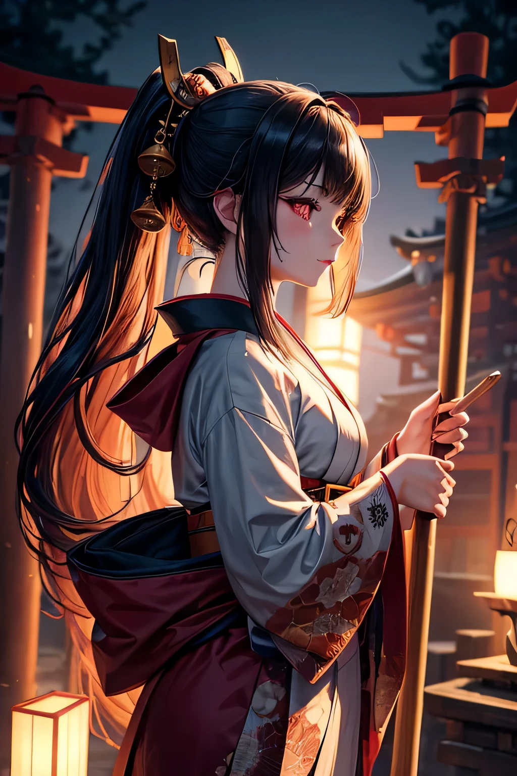 Ancient japanese shrine priestess, Cute Girl, Kimono, Long Hair in ponytail, Ruby Red Eyes, Full Moon, Haori, evil smirk, , wielding a priestess staff, summoning spirits and ghosts, Ghosts and spirits flying around her, nighttime, highly detailed, vibrant appearance, creative behavior, extremly detailed, imaginative, , spontaneous, highest quality, skin texture, intricate details, (cinematic lighting), RAW photo, 8k, masterpiece,best quality,ultra-detailed,very detailed illustrations,extremely detailed,intricate details,highres,super complex details,extremely detailed 8k cg wallpaper,