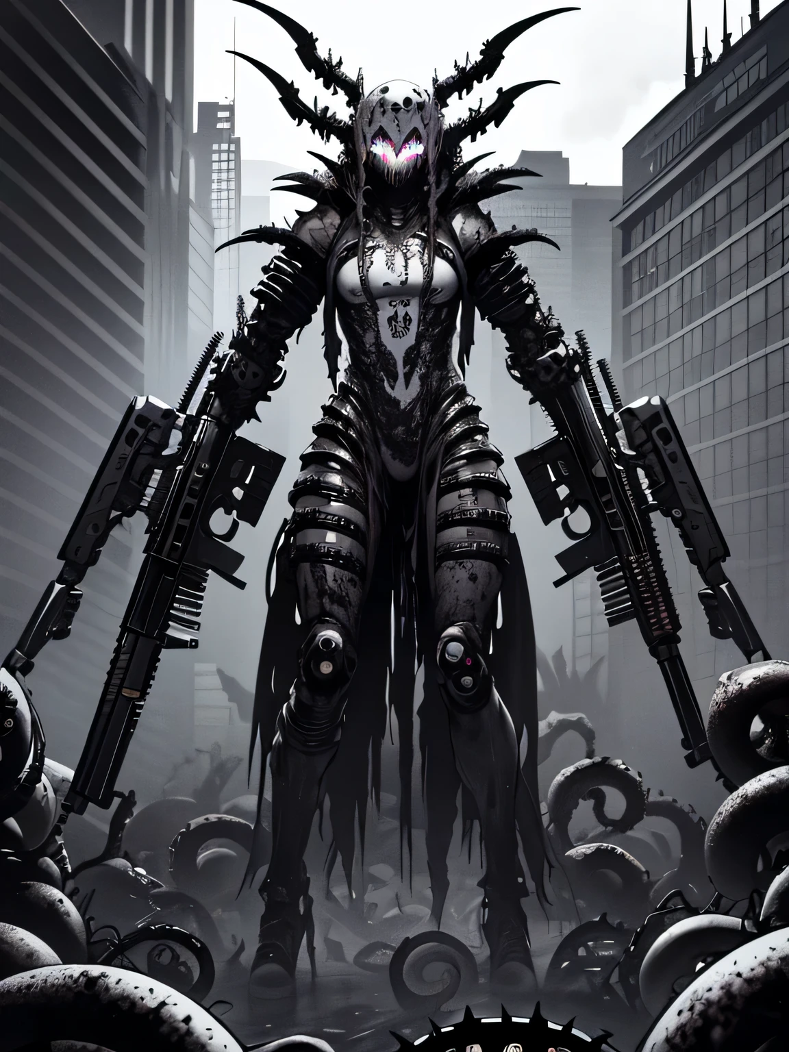 horror art, tentacles horror biopunk art, darkness machine gun girl, ((gray-ash skin)), ink black oil eyes, many rifles and pistols, ((massive rings on hands)), A lot of hands, (holds pistols and rifles), a lot of black liquid, giant biopunk skyscraper