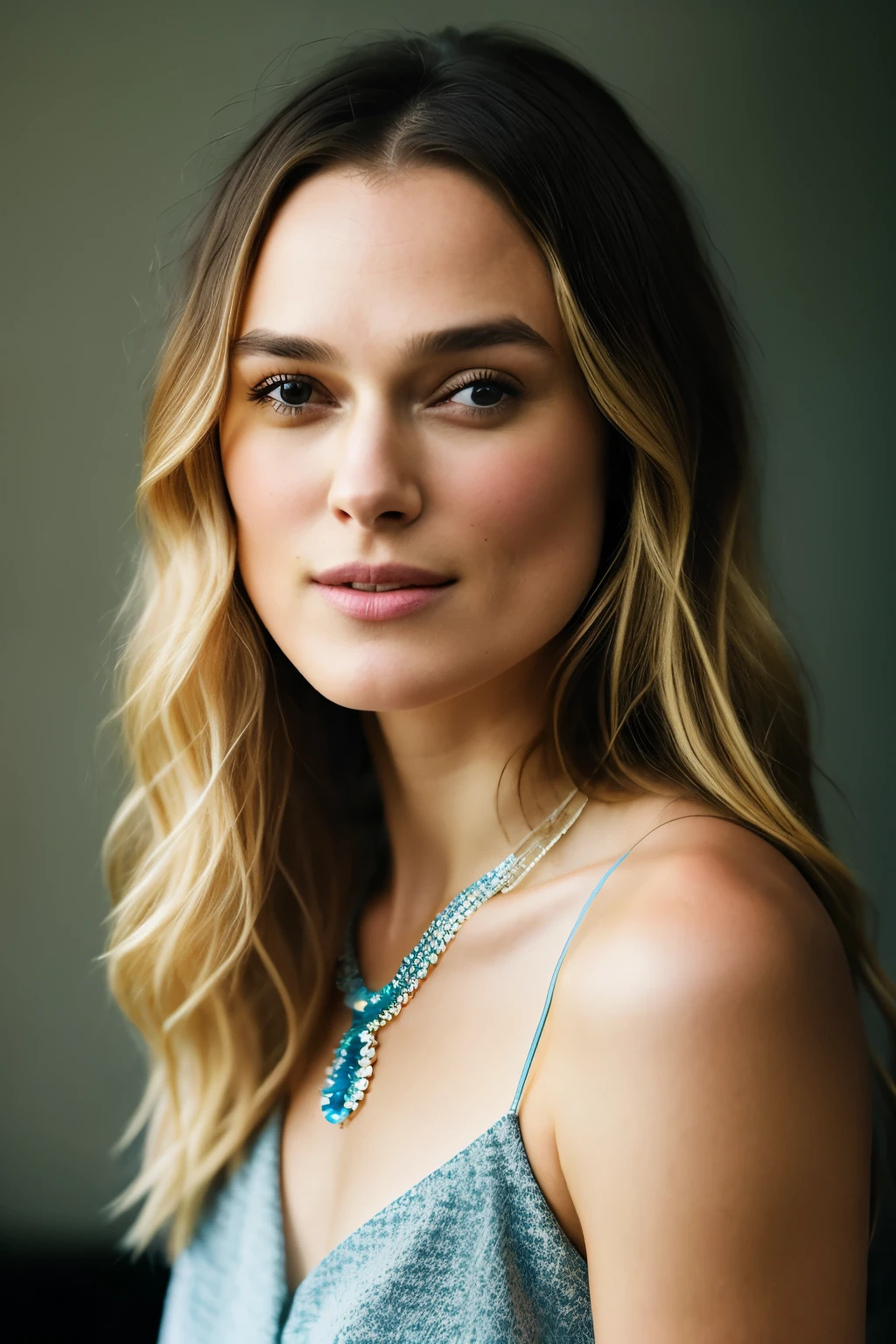 Keira Knightley, Realistic photo of a beautiful 4m4nd4s-v2 woman, 1girl, solo, long hair, looking at viewer, smile, (((blonde hair))), shirt, jewelry, upper body, teeth, necklace, grin, lips, portrait, realistic, soft lighting, professional Photography, Photorealistic, detailed, RAW, analog, sharp focus, 8k, HD, DSLR, high quality, Fujifilm XT3, film grain, award winning, masterpiece