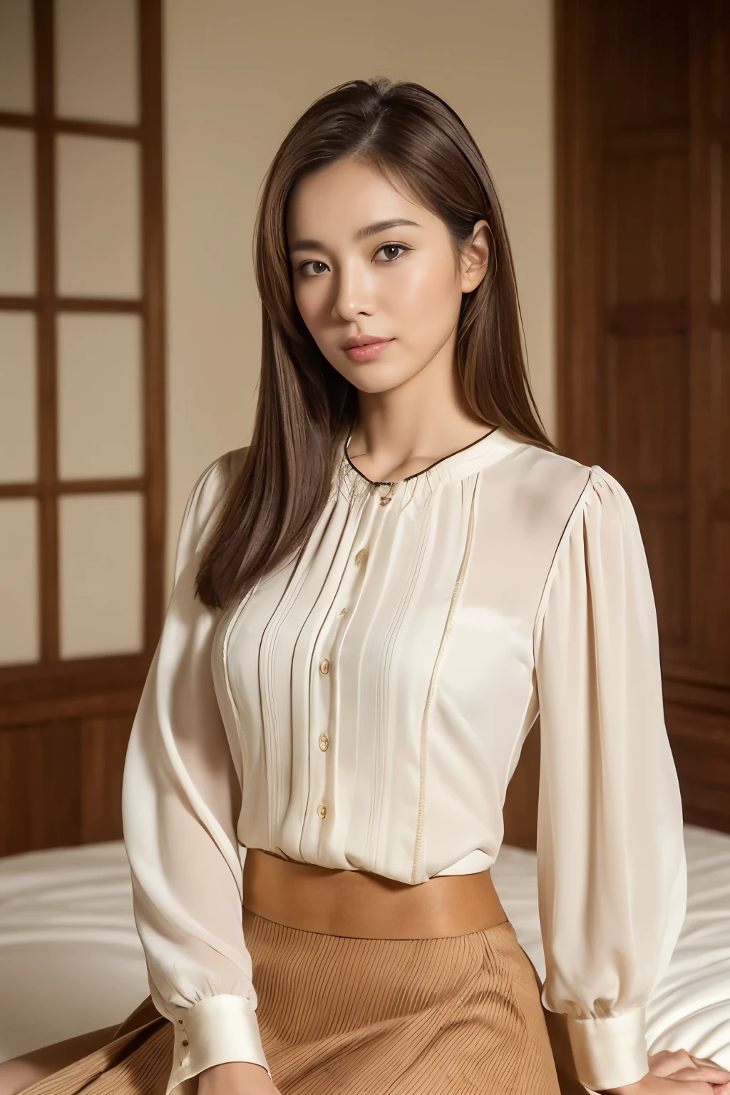 masuter piece, top-quality, masterpiece, hight resolution, Photorealsitic, Raw photography, 8k wallpaper, flawless, profetional lighting, ighly detailed, depth of fields, ((One beautiful woman)), ((18 year old woman sexy, Bedroom, ((blouse, tight skirts,)), ((See the viewer's eyes)), Detailed face, beautidful eyes, (Sit in a good posture), bangss, small breasts of good shape, Light Brown Straight Hair, Faint lips,cowboy shot
