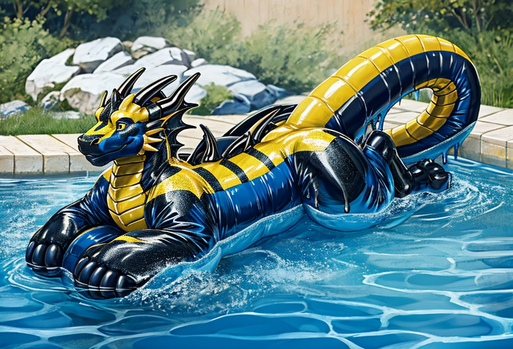 a photorealistic digital painting of a man coated in latex goo, partially transformed into a black cobalt yellow striped dragon pooltoy, human dragon pooltoy hybrid, swimming in forbidden river