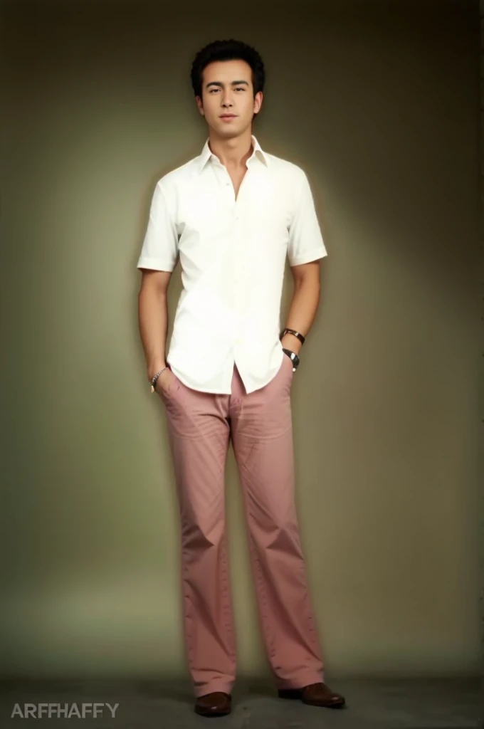 arafed photo of a man in a white shirt and pink pants, full body photograph, full body portrait shot, full body picture, portrait full body, dressed in 1970s menswear, full body portrait, fullbody shot, around 30 years old, fullbody photo, 70s photo, 7 0 s photo,face sharpen.