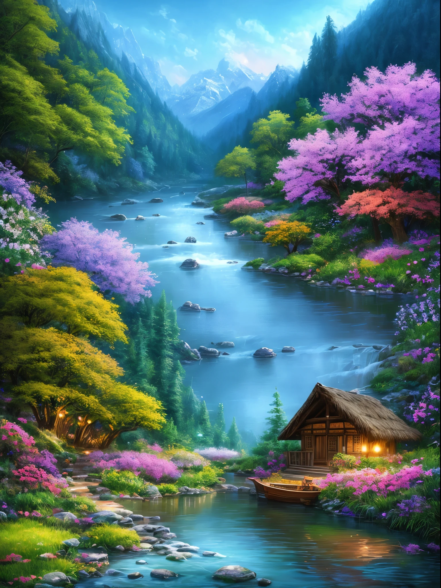 There is a hut under the big tree, beside of the stream, two boat in the water, mountain background, , flowers beside fence, masterpiece, best quality, high quality, extremely detailed CG unity 8k wallpaper, An enchanting and dreamy scene of a fantasy forest, with towering trees, glowing mushrooms, and hidden fairy glens, creating a sense of mystique and enchantment, art station, digital illustration, intricate, trending, pastel colors, oil paiting, award winning painting, Bokeh, Depth of Field, HDR, bloom, Chromatic Aberration ,Hyper realistic ,extremely detailed, trending on art station, trending on CGsociety, Intricate, High Detail, dramatic, art by midjourney
