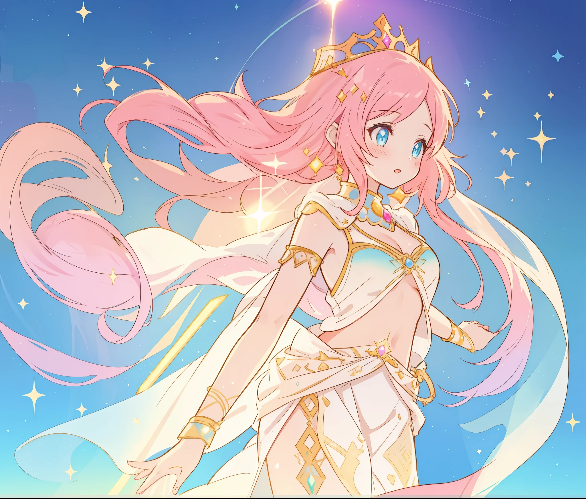 beautiful girl in white arabian two-piece dress, (arabian princess), (arabian dancer), (fantasy arabian dress), long colorful sparkling pink hair, watercolor illustration, Lois van Baarle, glowing aura around her, Glen Keane, jen bartel, glowing hair, beautiful digital illustration, fantasia background, beautiful, masterpiece, best quality, anime disney style, (detailed eyes), golden ratio, perfect composition