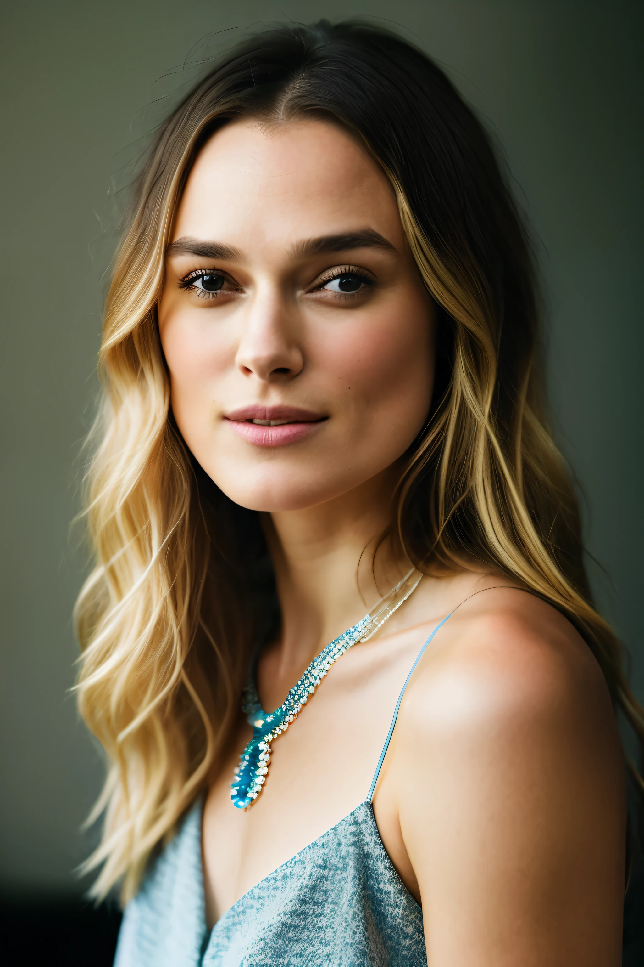 Keira Knightley, Realistic photo of a beautiful 4m4nd4s-v2 woman, 1girl, solo, long hair, looking at viewer, smile, (((blonde hair))), shirt, jewelry, upper body, teeth, necklace, grin, lips, portrait, realistic, soft lighting, professional Photography, Photorealistic, detailed, RAW, analog, sharp focus, 8k, HD, DSLR, high quality, Fujifilm XT3, film grain, award winning, masterpiece