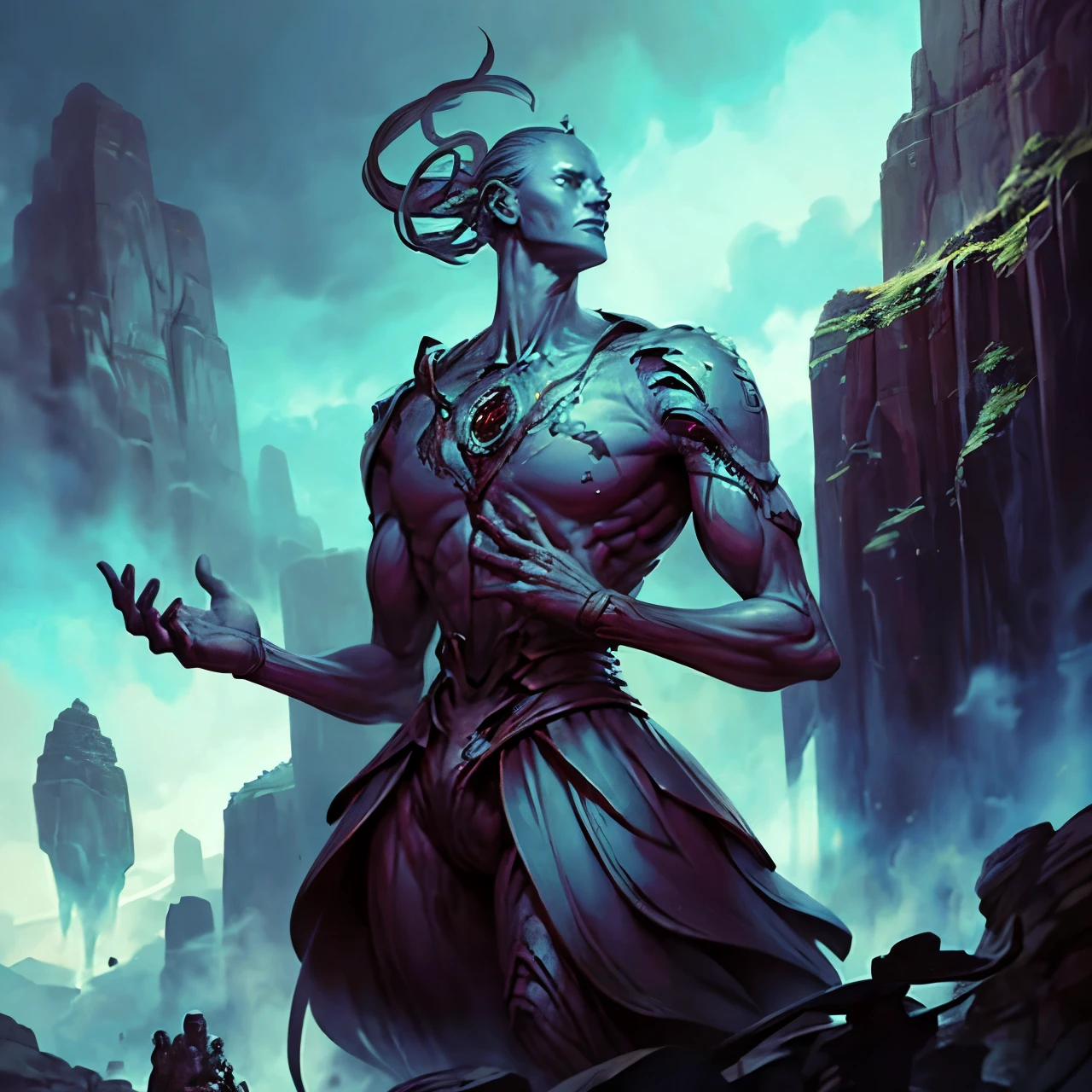 Arafed image of a huge statue in a cave with a man, der auf den Stufen steht, Symmetrische epische Fantasy-Kunst, Wilhelm H. Pongiluppi, Beksinski und Dan Mumford, Greg Beeple, beeple and jean giraud, Tomasz Alen Kopera und CGsociety, von Beeple, Kaiser des bekannten Universums