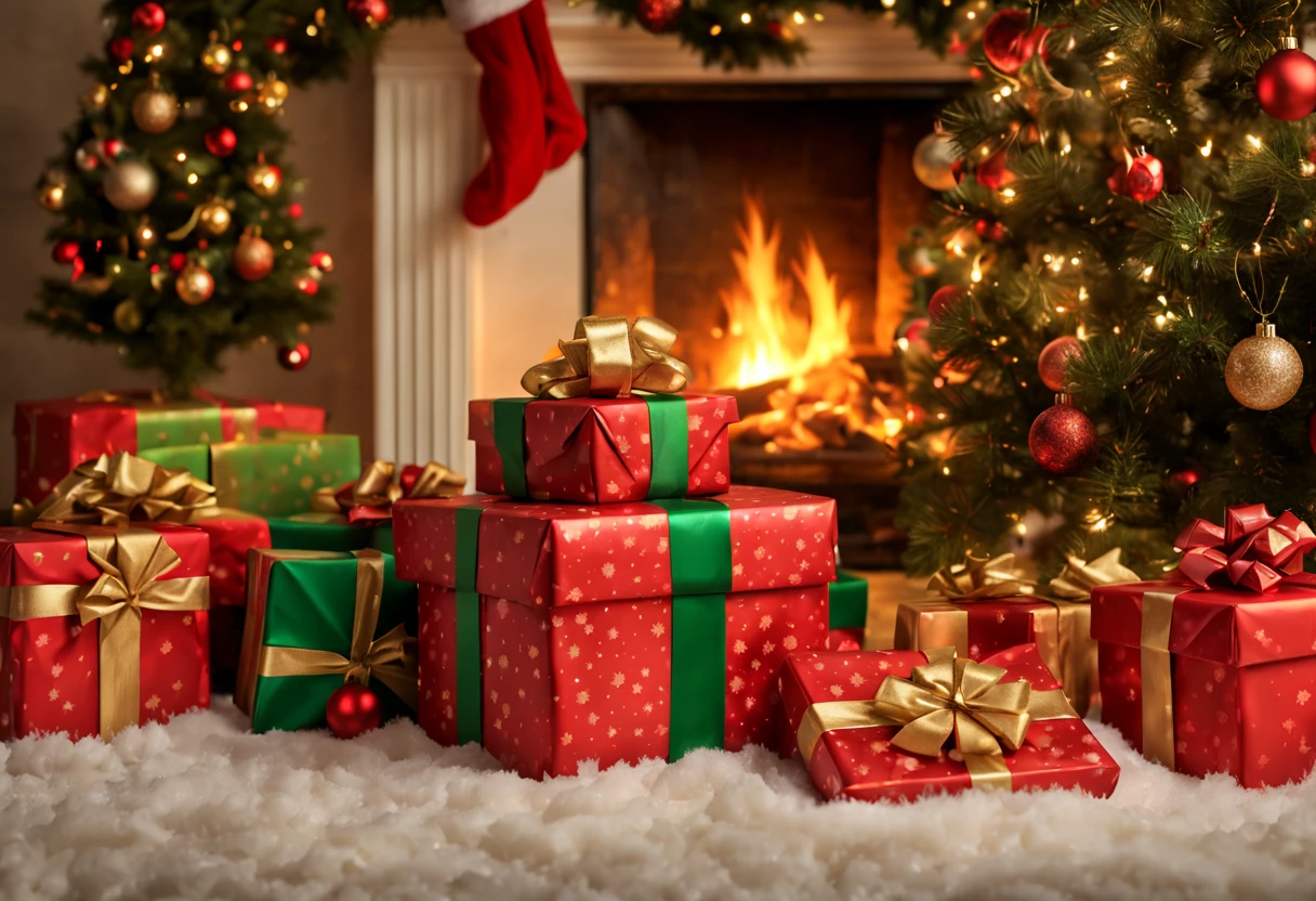 BEST QUALITY,4K,8K,HIGHRES,MASTERPIECE:1.2,ULTRA DETAILED,(REALISTIC,PHOTOREALIST,PHOTOREALIST:1.37),CHRISTMAS GIFT,PRESENT,WRAPPED PACKAGE,ELABORATELY DECORATED BOX,RED AND GREEN BOW,GLOSSY FOIL,POLK DESIGN DOTTED, GOLDEN RIBBON, BRIGHT LIGHTS, SURPRISE INSIDE, CHILDREN CHEERFUL, EXCITED, ANTICIPATION, BRIGHT SNOWFLAKES, CHRISTMAS TREE, ORNAMENTS, BRIGHT ORDER, COZY WINTER NIGHT, CHARMING SMILES, CHILDHOOD MEMORIES, SEASONAL MAGIC, VIBRANT COLORS, FESTIVE, PEACEFUL ATMOSPHERE, COZY FIREPLACE, CROWDLING FIRE, CAROLS, SNOWY FOOTPRINTS, BRIGHT WREATHS, CHRISTMAS JOY, LOVING FAMILY, GIVING AND SHARING, UNWRAPPING THE SURPRISE, SANTA CLAUS IN THE BACKGROUND, HAPPY HOLIDAYS.