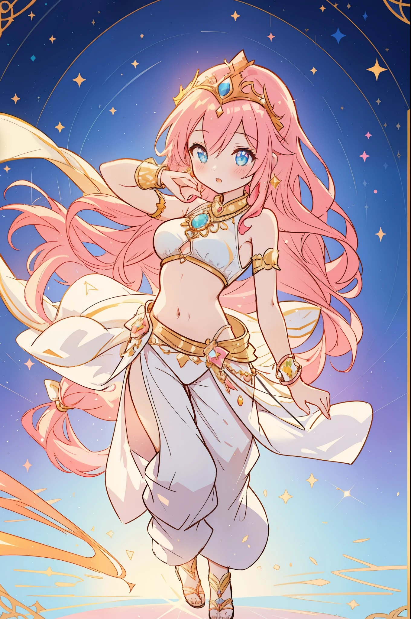 beautiful 1girl in white arabian two-piece bra top and flowing skirt harem pants, (arabian princess), (arabian dancer), (fantasy arabian dress), long colorful sparkling pink hair, watercolor illustration, Lois van Baarle, glowing aura around her, Glen Keane, jen bartel, glowing hair, beautiful digital illustration, fantasia background, beautiful, masterpiece, best quality, anime disney style, (detailed eyes), golden ratio, perfect composition