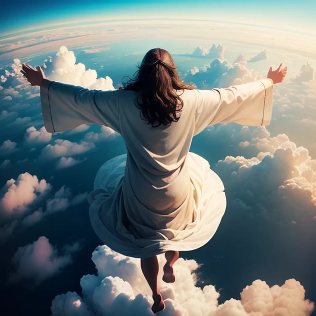 Jesus flying in the sky over the clouds