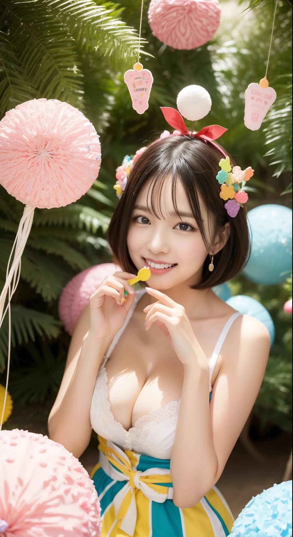 Fashion: Dress up in a colorful ensemble reminiscent of candy wrappers, Bright pastel cleavage and playful accessories、Colossal tits、sixteen years old. 2. Pose: Pose whimsically while holding a giant lollipop, Show off a carefree and fun attitude. 3. Background: Pose in front of a candy-themed background filled with oversized candies, cotton candy clouds, and Candy Cane Tree. 4. Candy Throne: Sit on a candy-style throne made with oversized gum drops, Surrounded by candy treasures. 5. Cupcake Delight: Lean on a giant cupcake prop, Wear clothes that match the cupcake color and mat. 6. Rainbow Pathway: Walk along a rainbow path made of candy pieces, Exude surprise and excitement. 7. Candy Rain: With colorful umbrella「Candy Rain」Capture the moment of, Standing under a shower of falling candies. 8. giant cream corn: Pose beside a giant cream cone prop, A costume with a distinctive cream corn pattern and color...... 9. Candy Wonderland Swing: Playfully swing in candy cane swing in dreamy landscape of candy tree and candy floss clouds. 10. Gummy Bear Garden: Sit in the garden of oversized gummy bears, Match the colors of the candy garden、Wear a gummy bear themed costume。