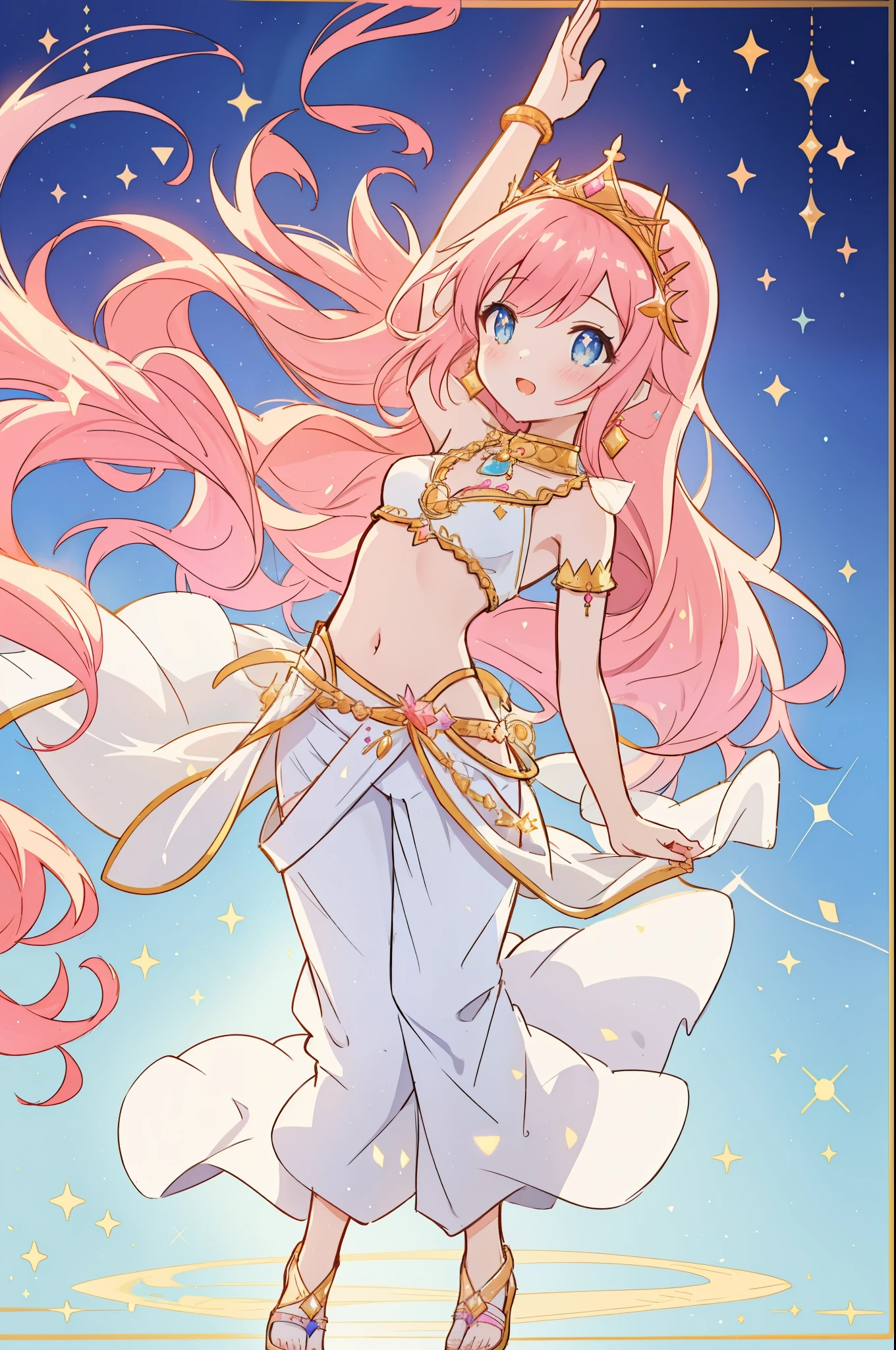 beautiful 1girl in white arabian two-piece bra top and flowing skirt harem pants, (arabian princess), (arabian dancer), (fantasy arabian dress), long colorful sparkling pink hair, watercolor illustration, Lois van Baarle, glowing aura around her, Glen Keane, jen bartel, glowing hair, beautiful digital illustration, fantasia background, beautiful, masterpiece, best quality, anime disney style, (detailed eyes), golden ratio, perfect composition