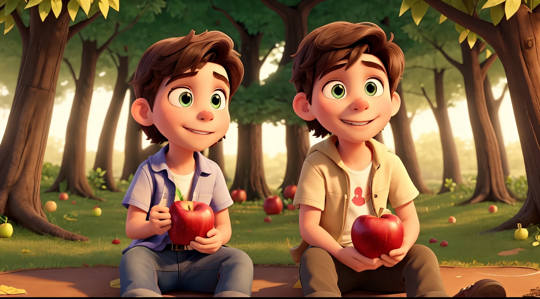 Jake and Timmy, eating an apple, background magical forest